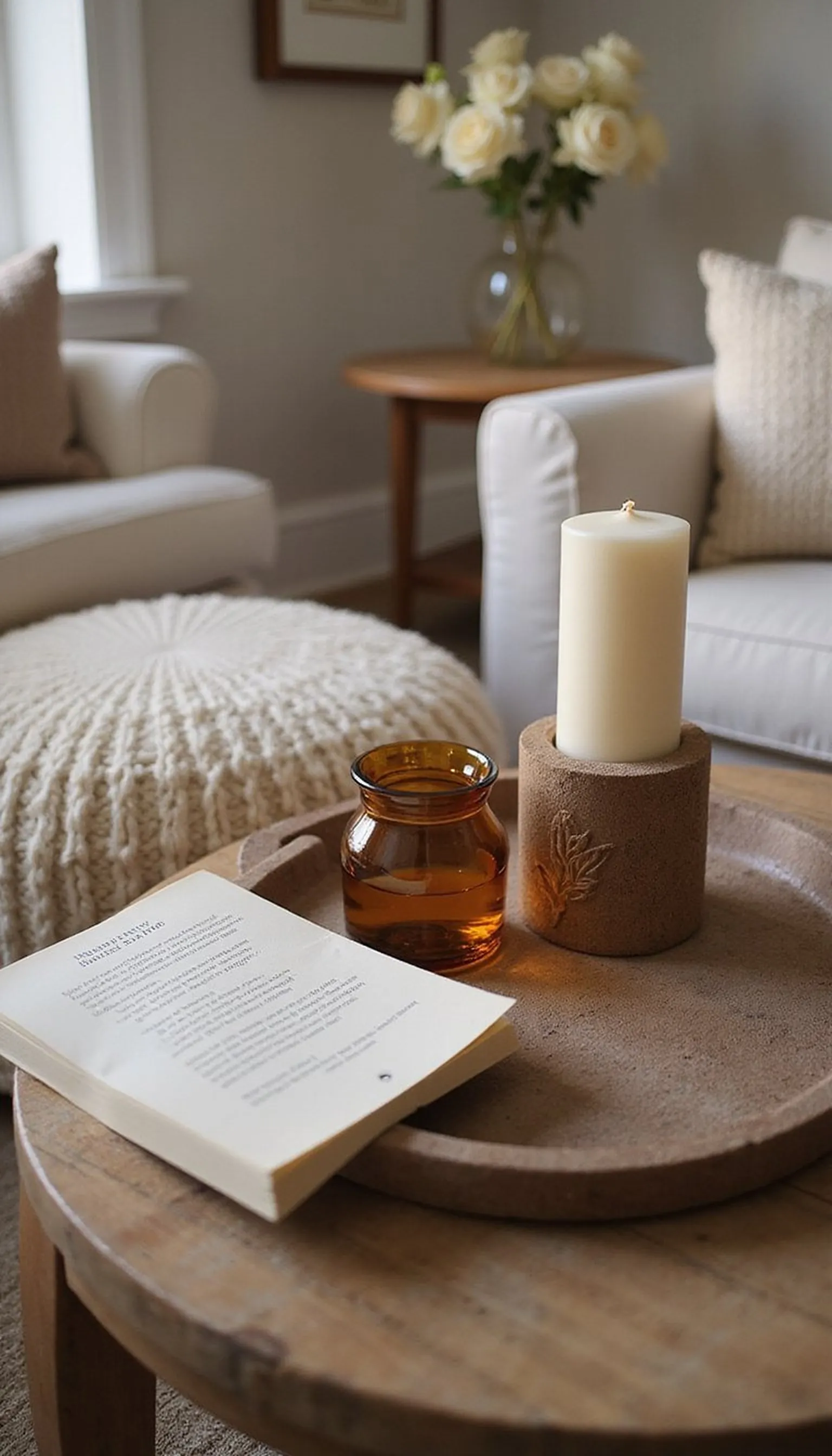 Low-profile luxe: boucle pouf and tray styling