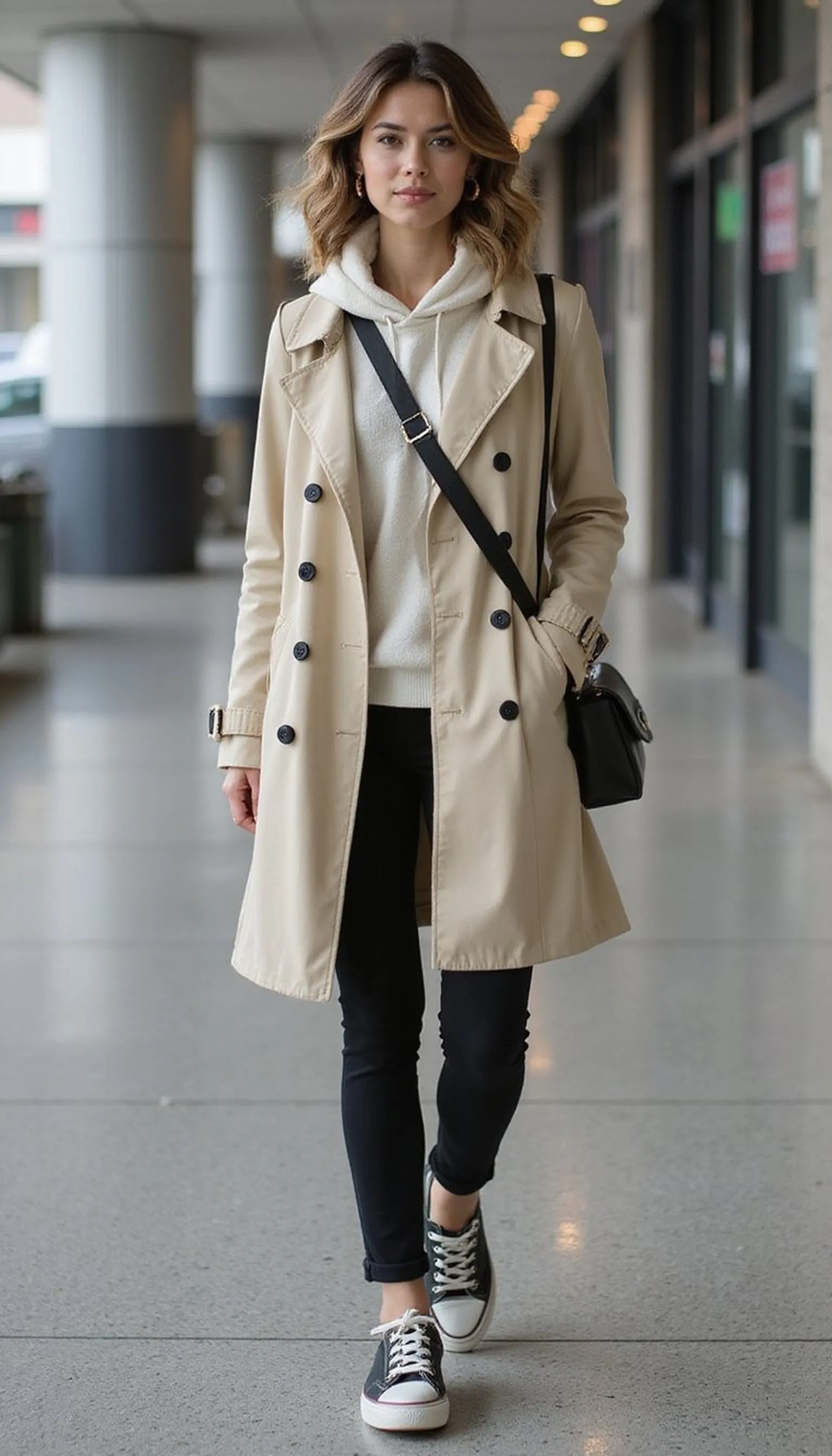 Classic trench, hoodie, and slip-on sneakers