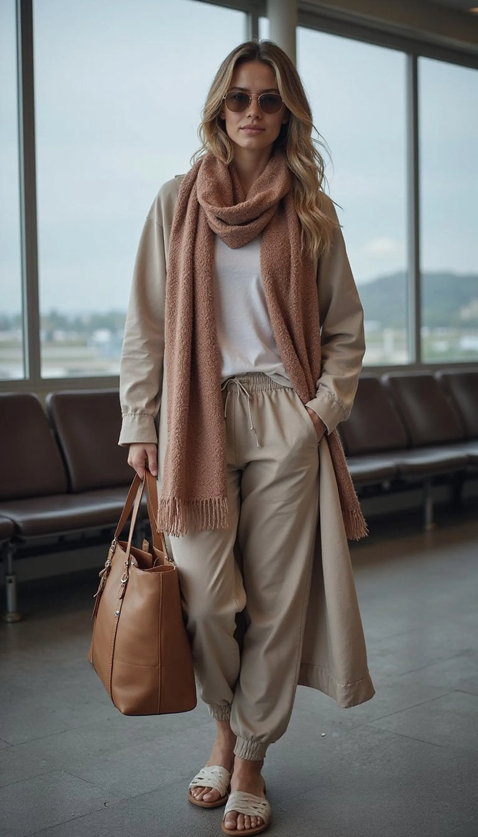 Layered tee, oversized scarf, and joggers