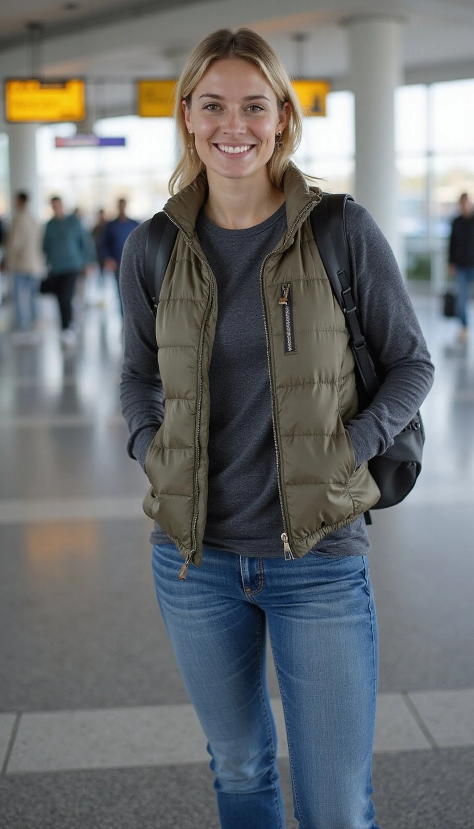 Puffer vest, long sleeve tee, and jeans