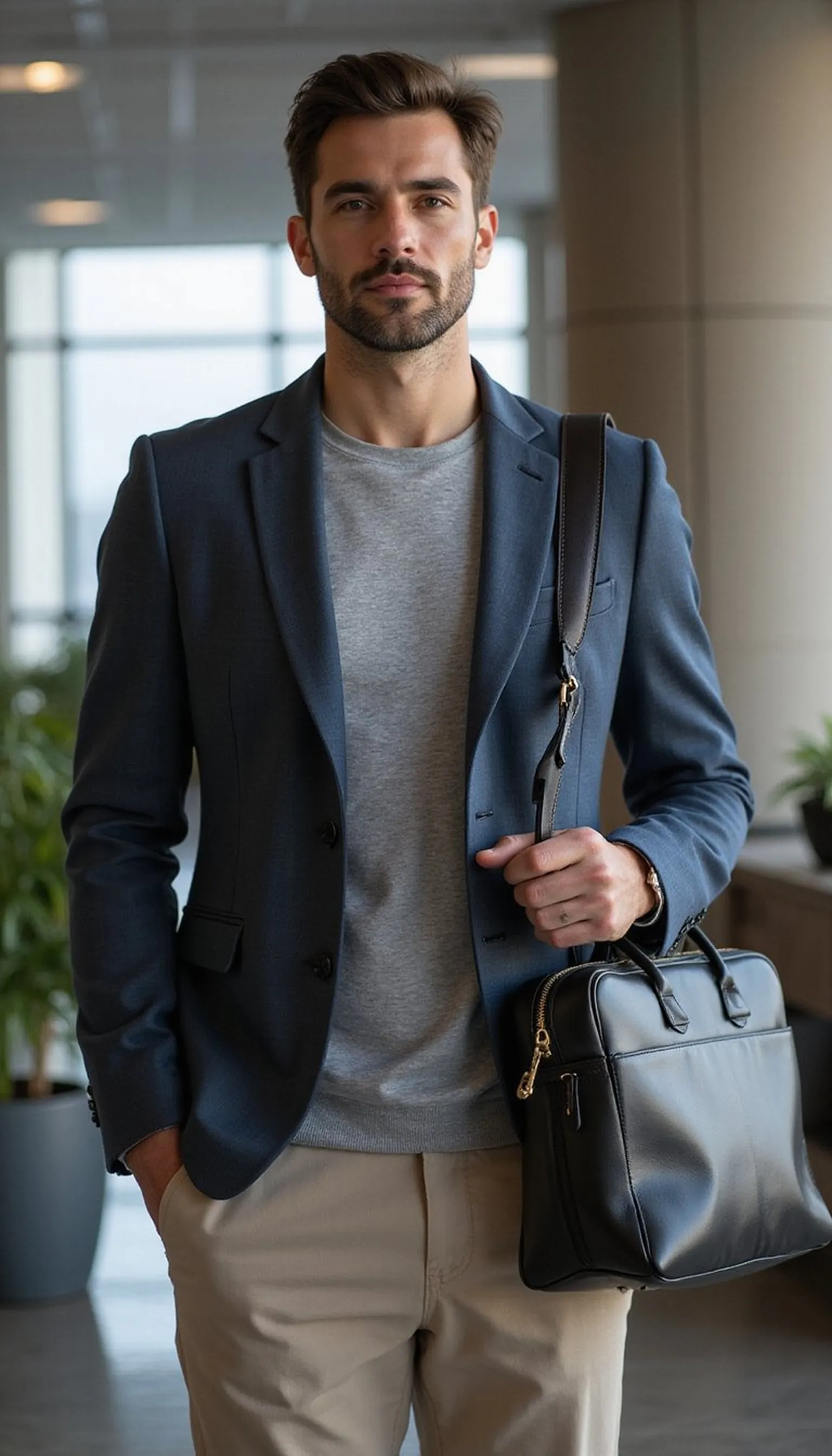 Soft blazer, knit tee, and stretch chinos