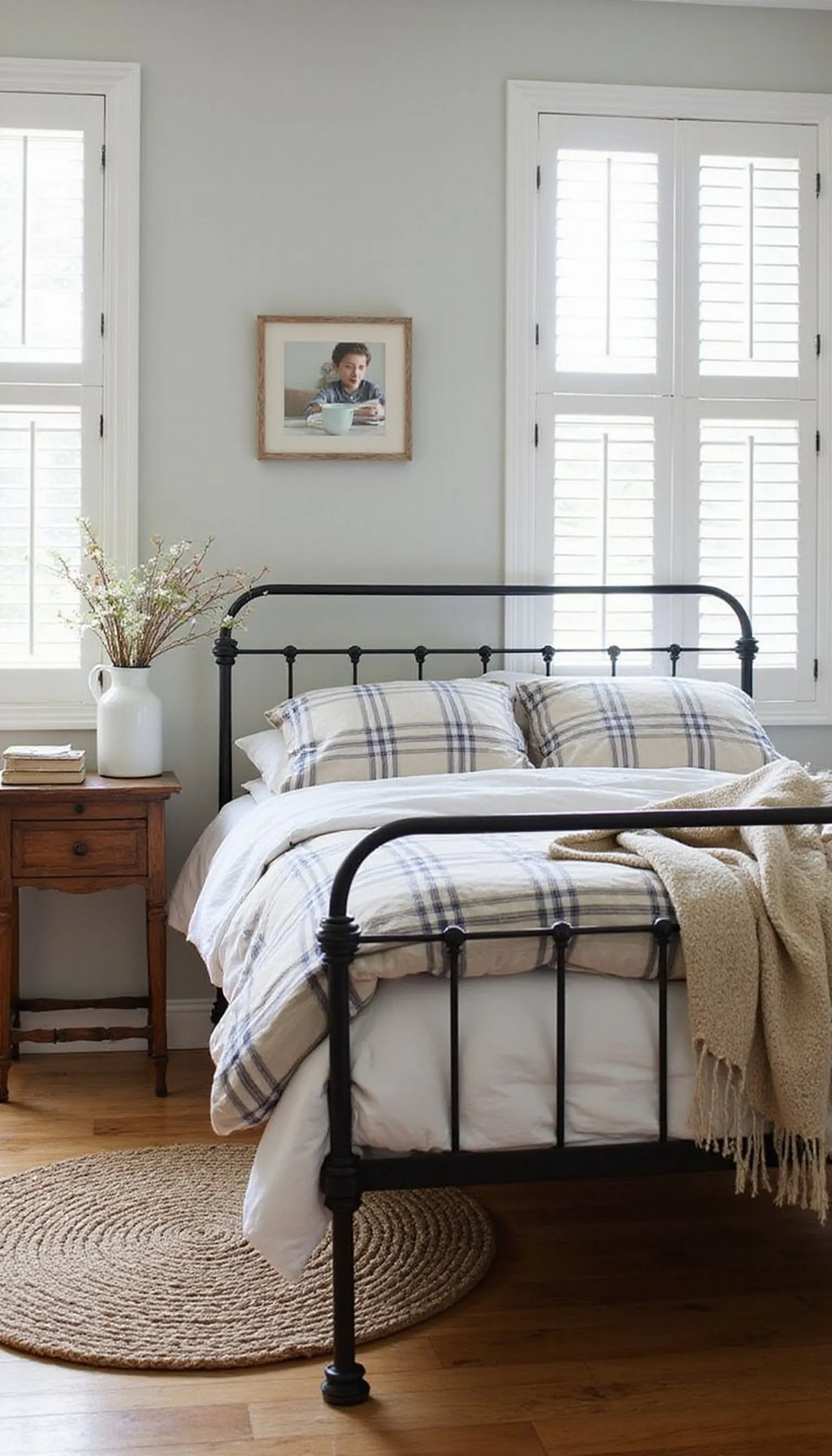 Farmhouse warmth with plaid and shutters