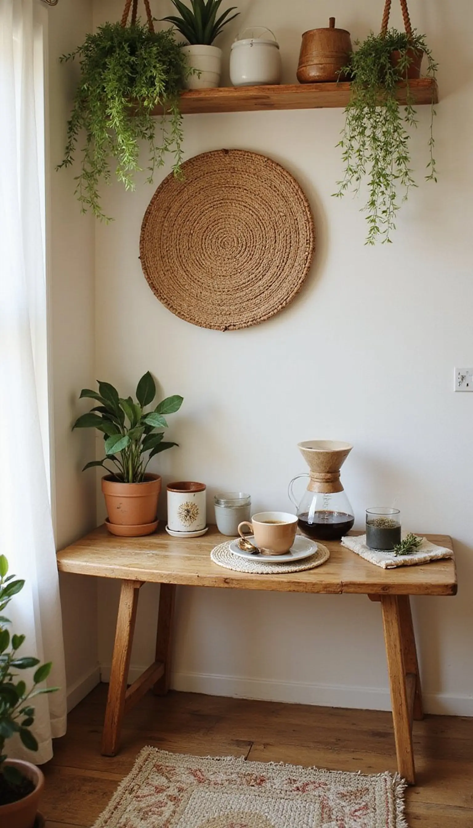 Boho rattan corner with plants and layered textures
