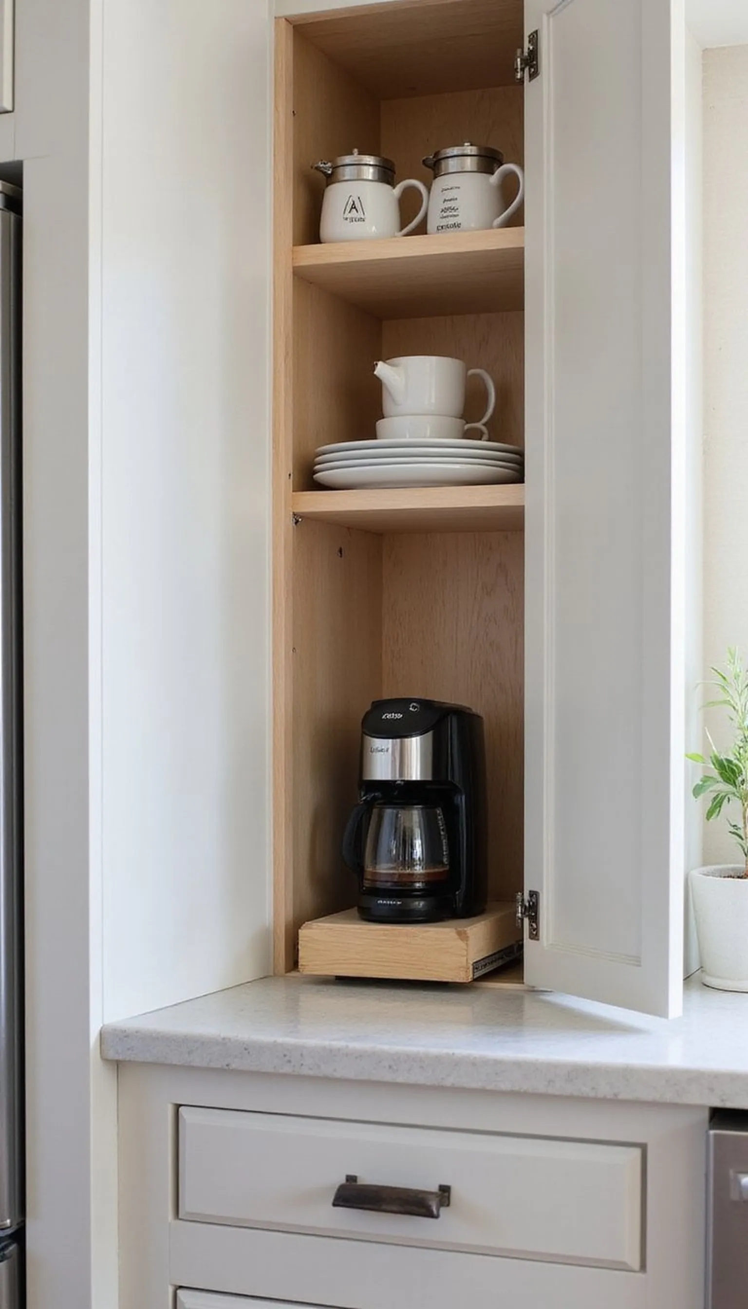 Built-in cubby and hidden coffee essentials