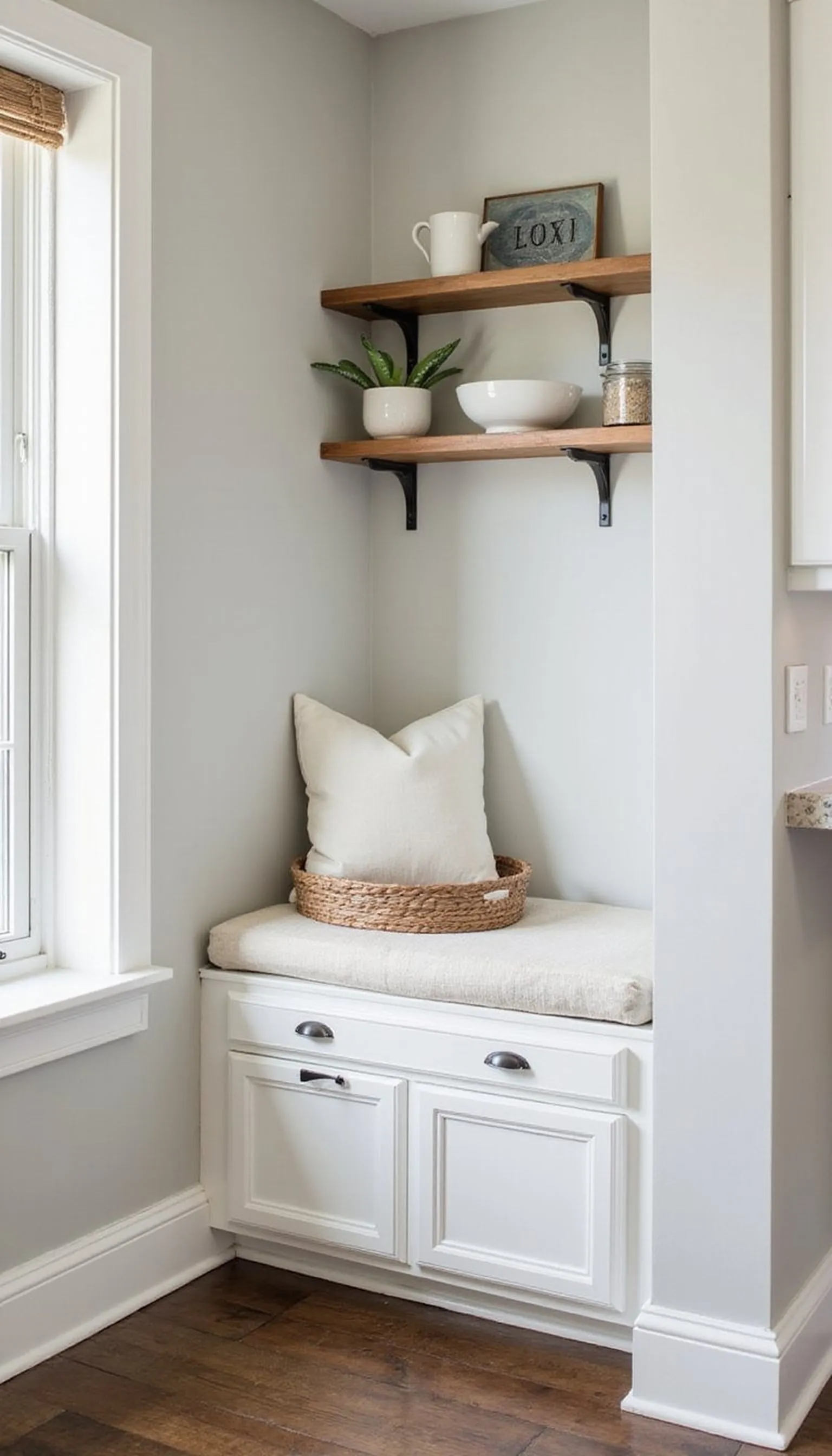 Corner bench with storage for beans and cups