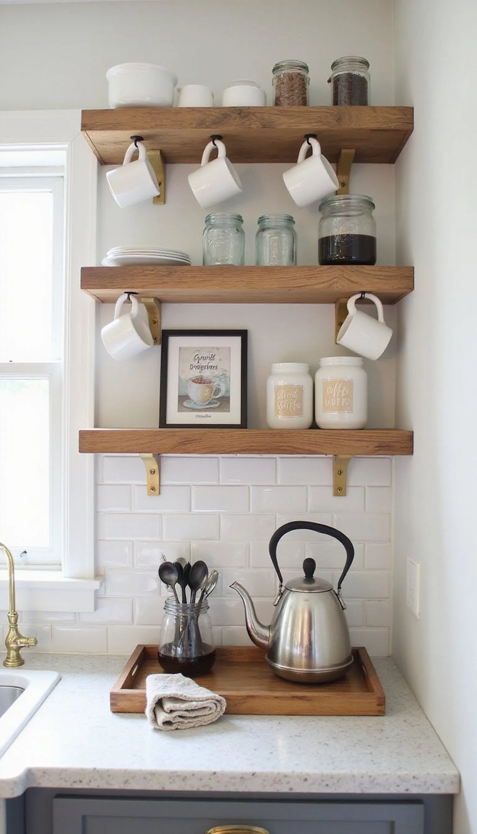 Floating shelf vignette with hanging mugs and art