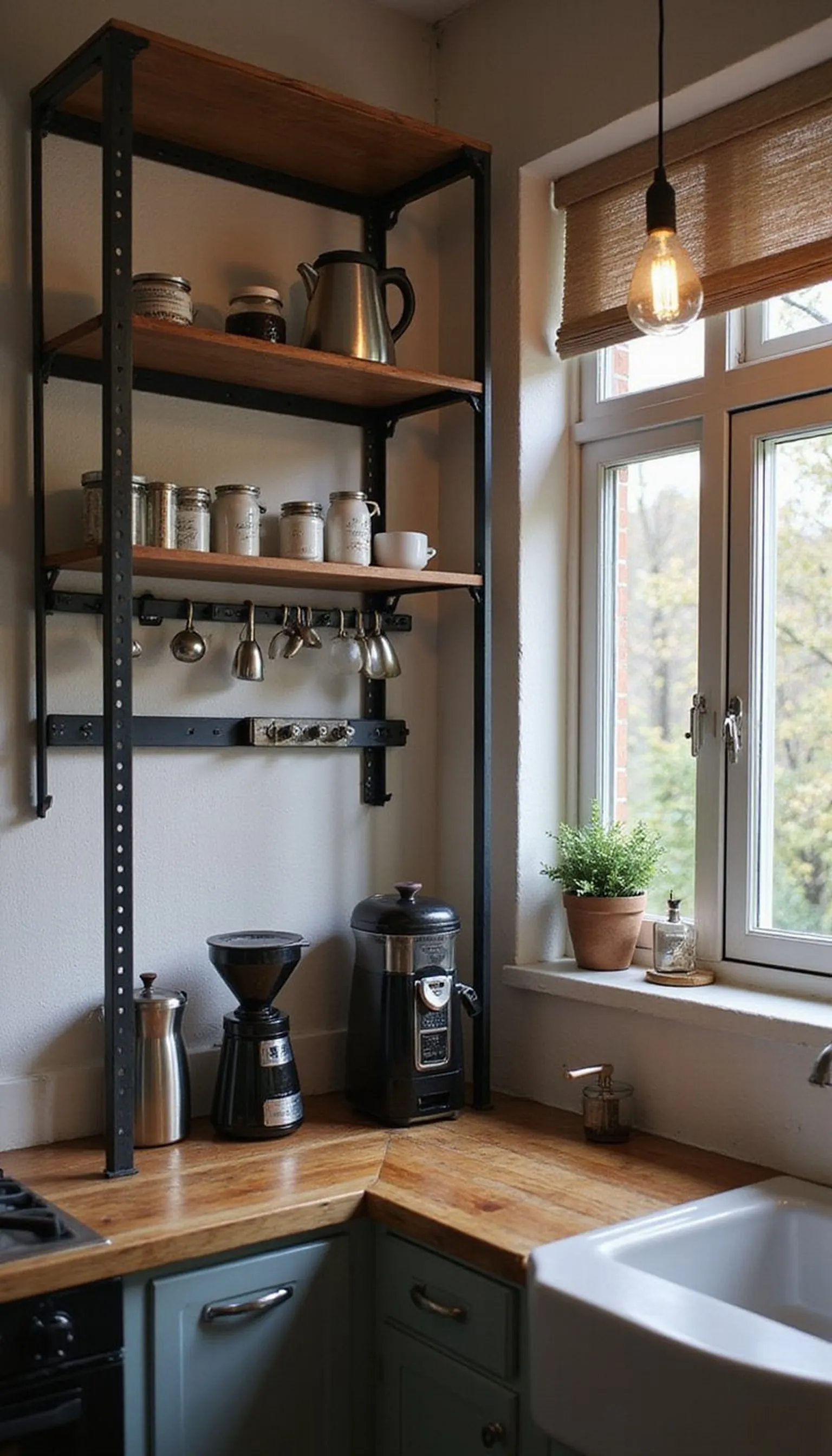 Industrial shelf with metal accents and grinder