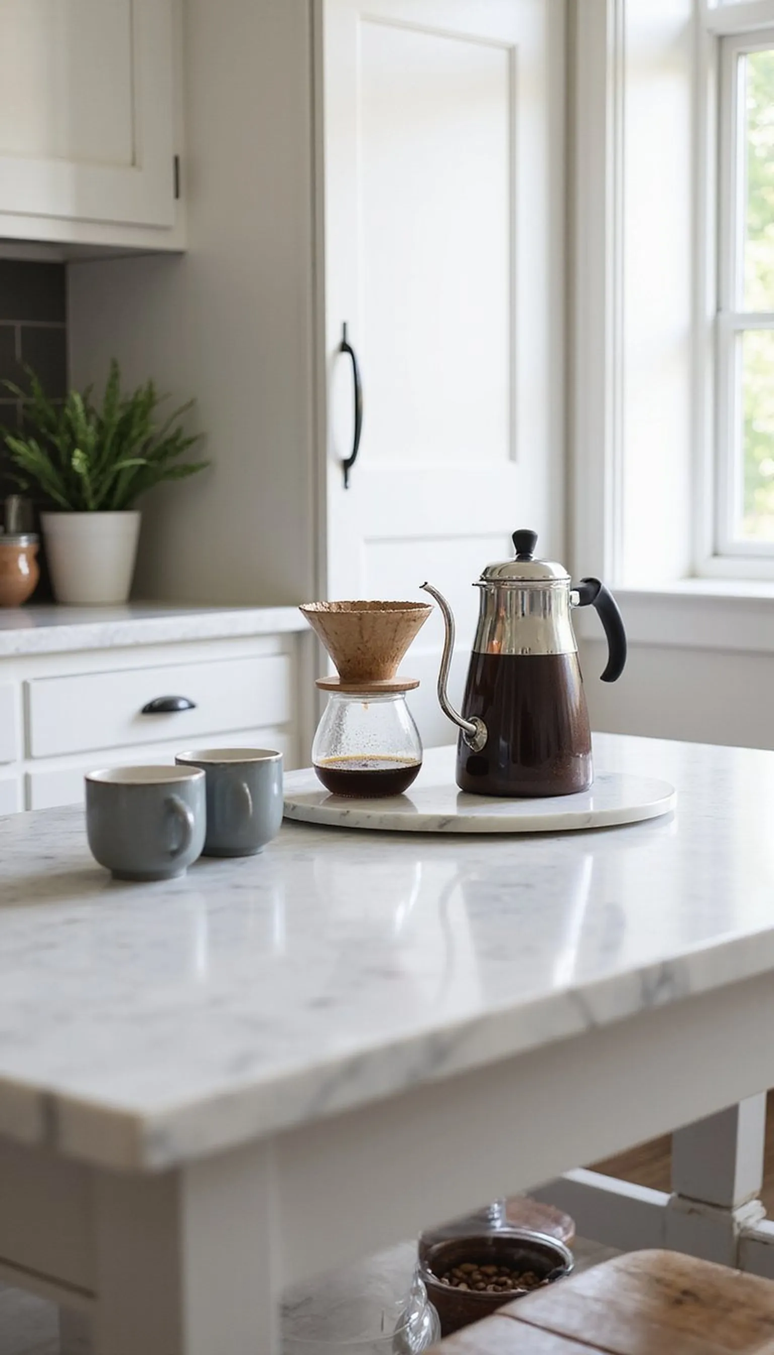 Marble tray on island for quick pour-overs