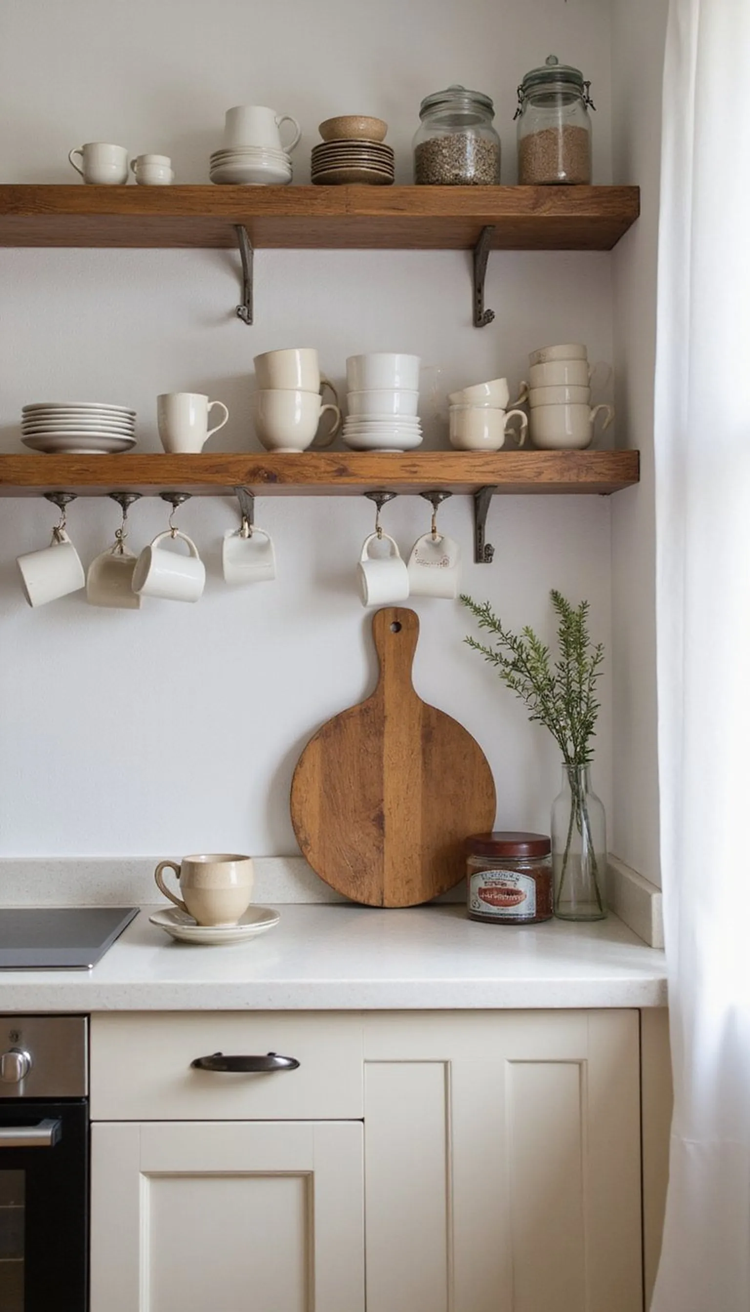 Open shelves styled like a cozy café display