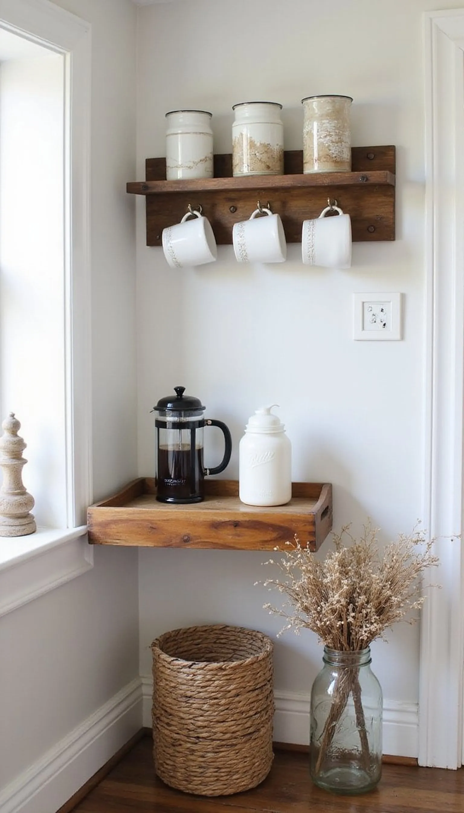 Rustic farmhouse corner with enamelware mugs