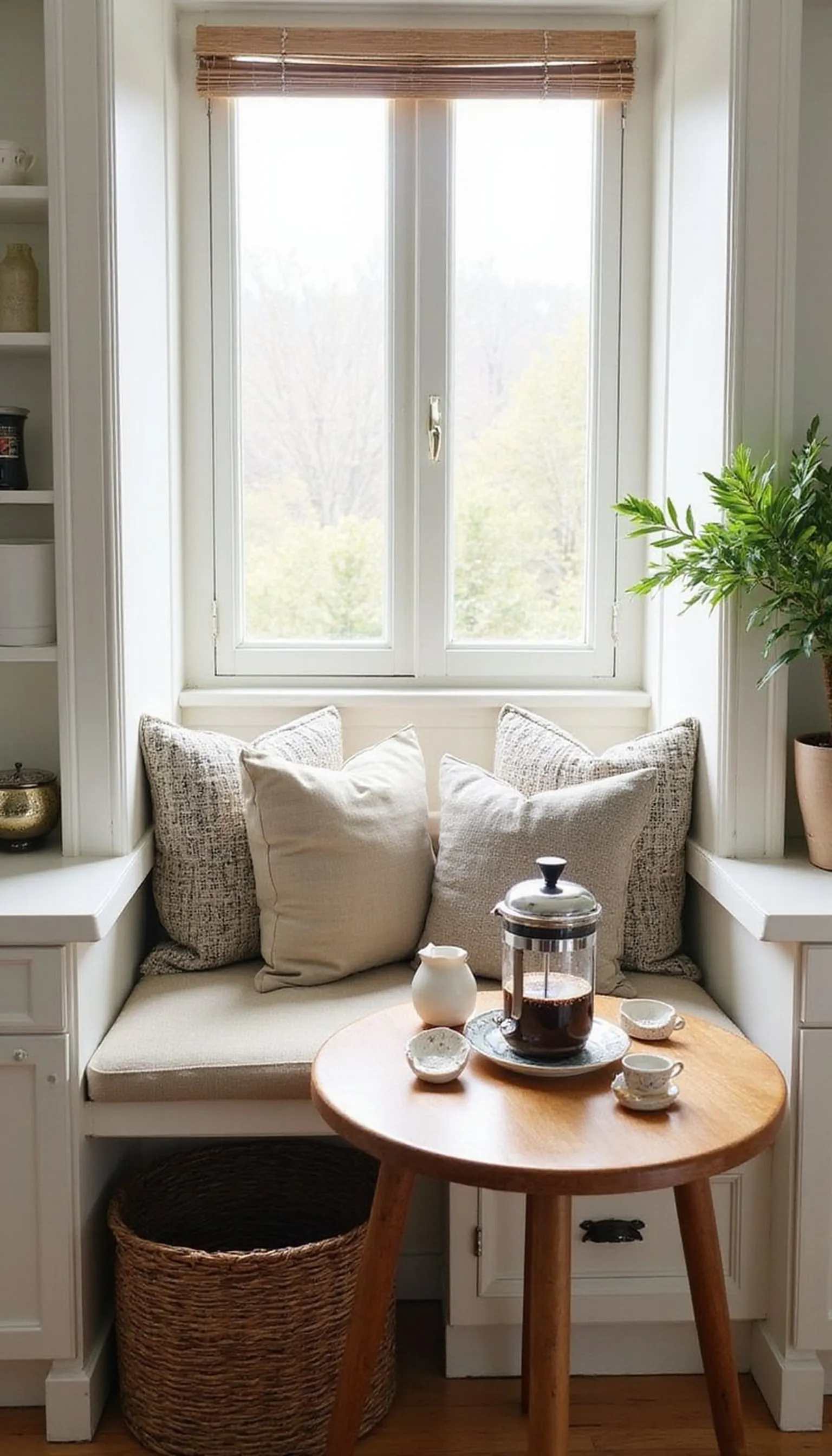Sunlit window seat coffee nook with bench