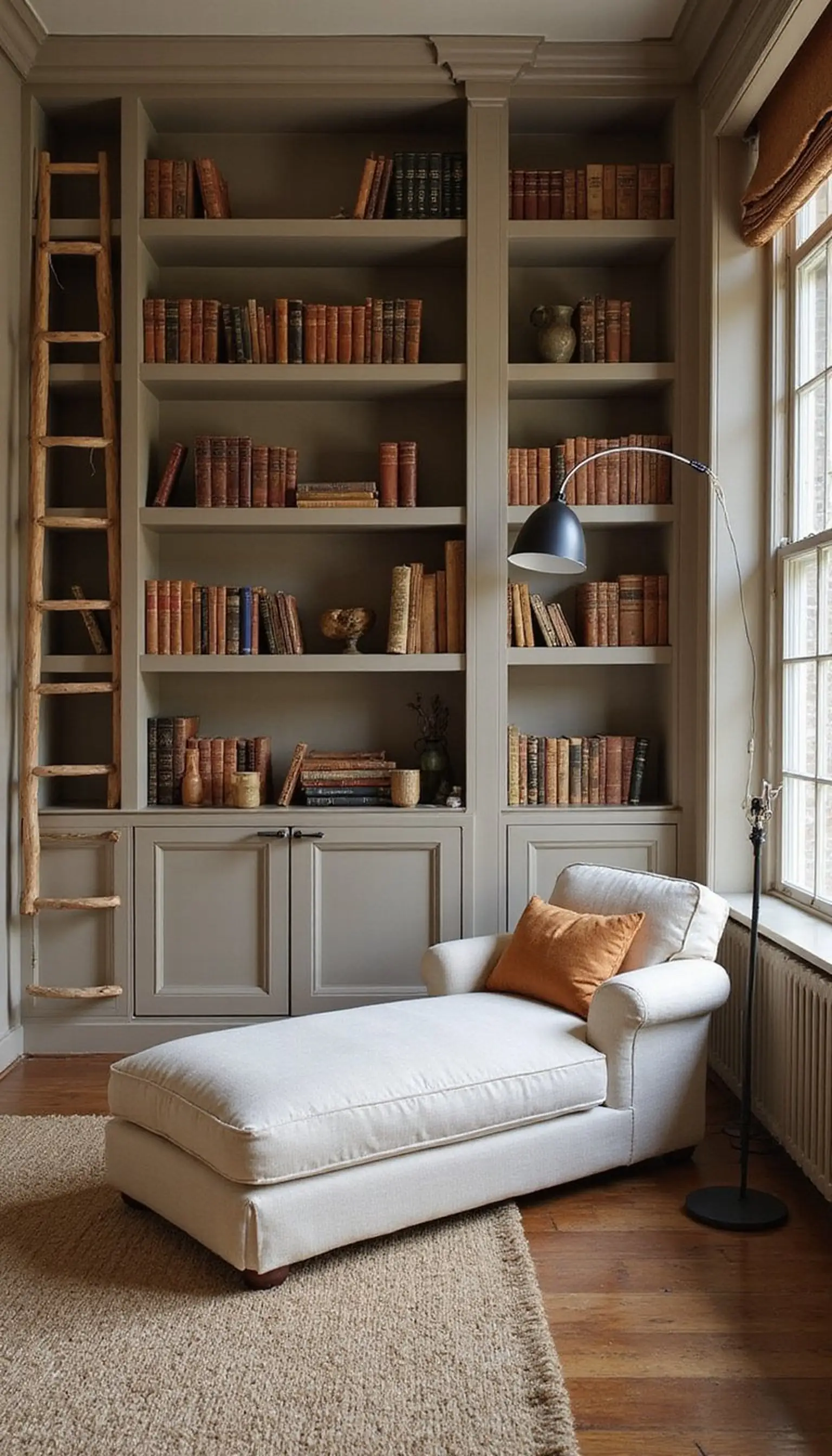 Built-in bookcase with ladder and chaise lounge