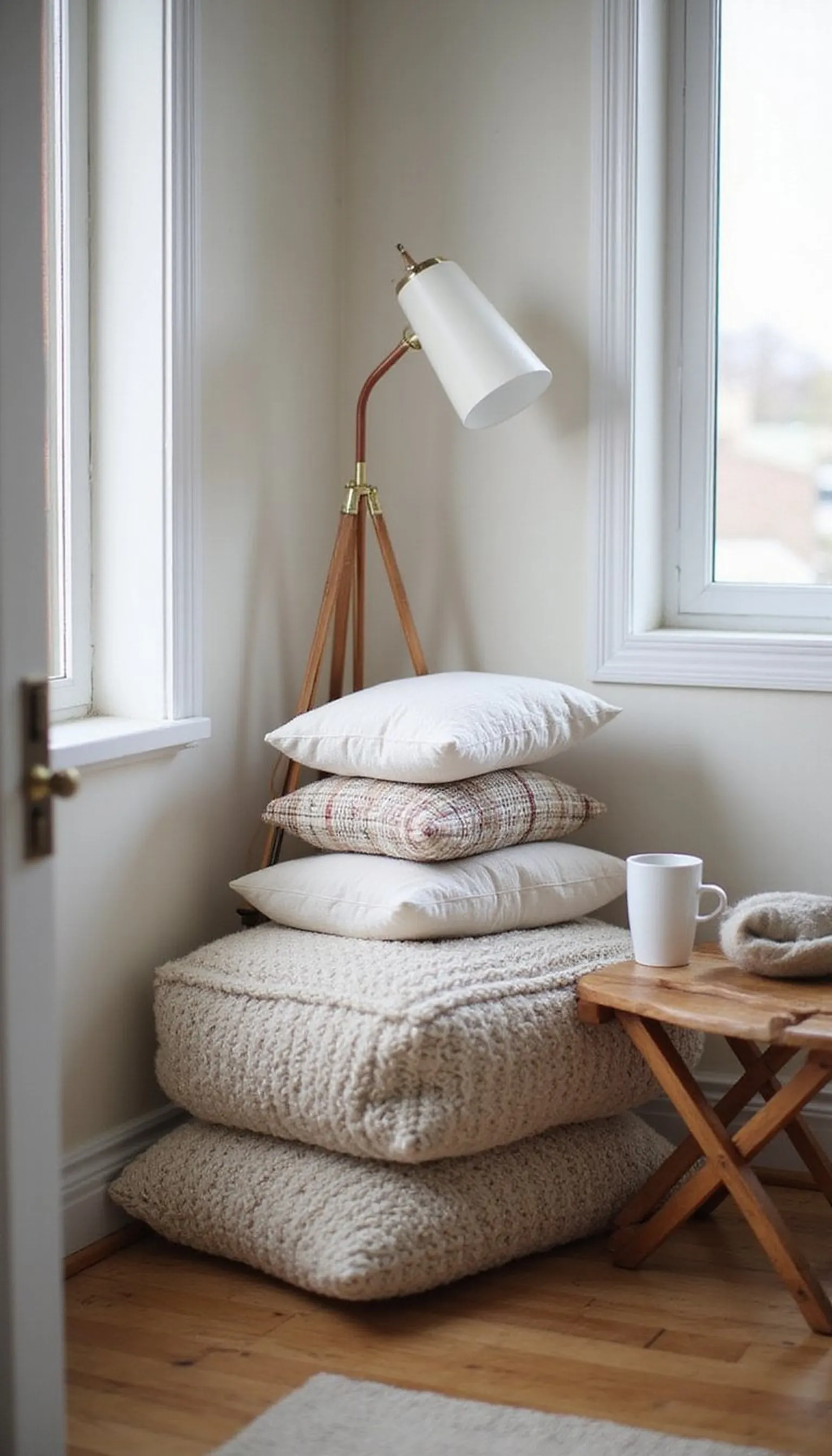 Compact nook with a pouf and stack of pillows