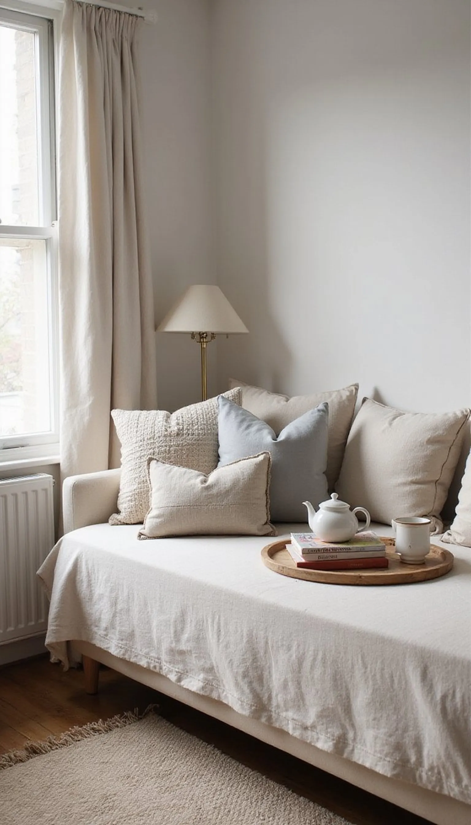 Daybed corner with layered pillows and a tray