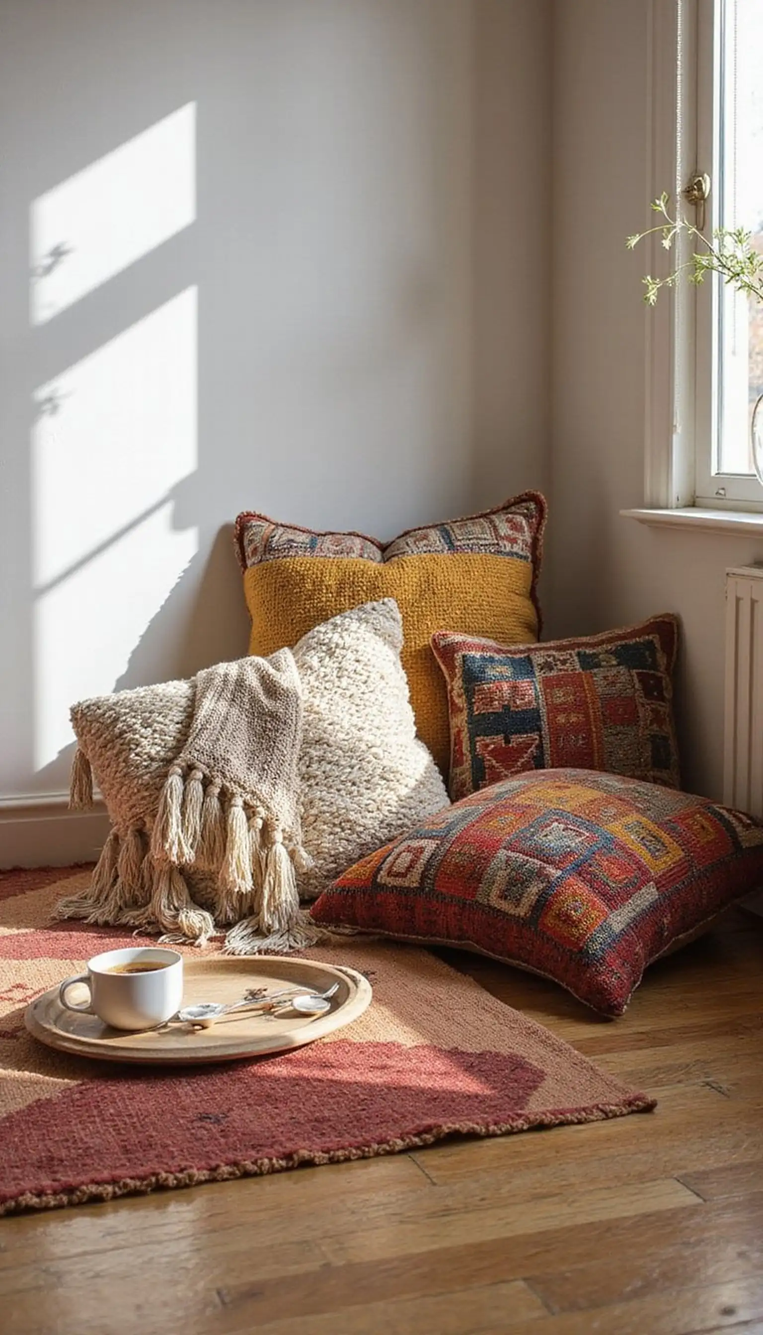 Floor cushion pile: casual boho reading corner