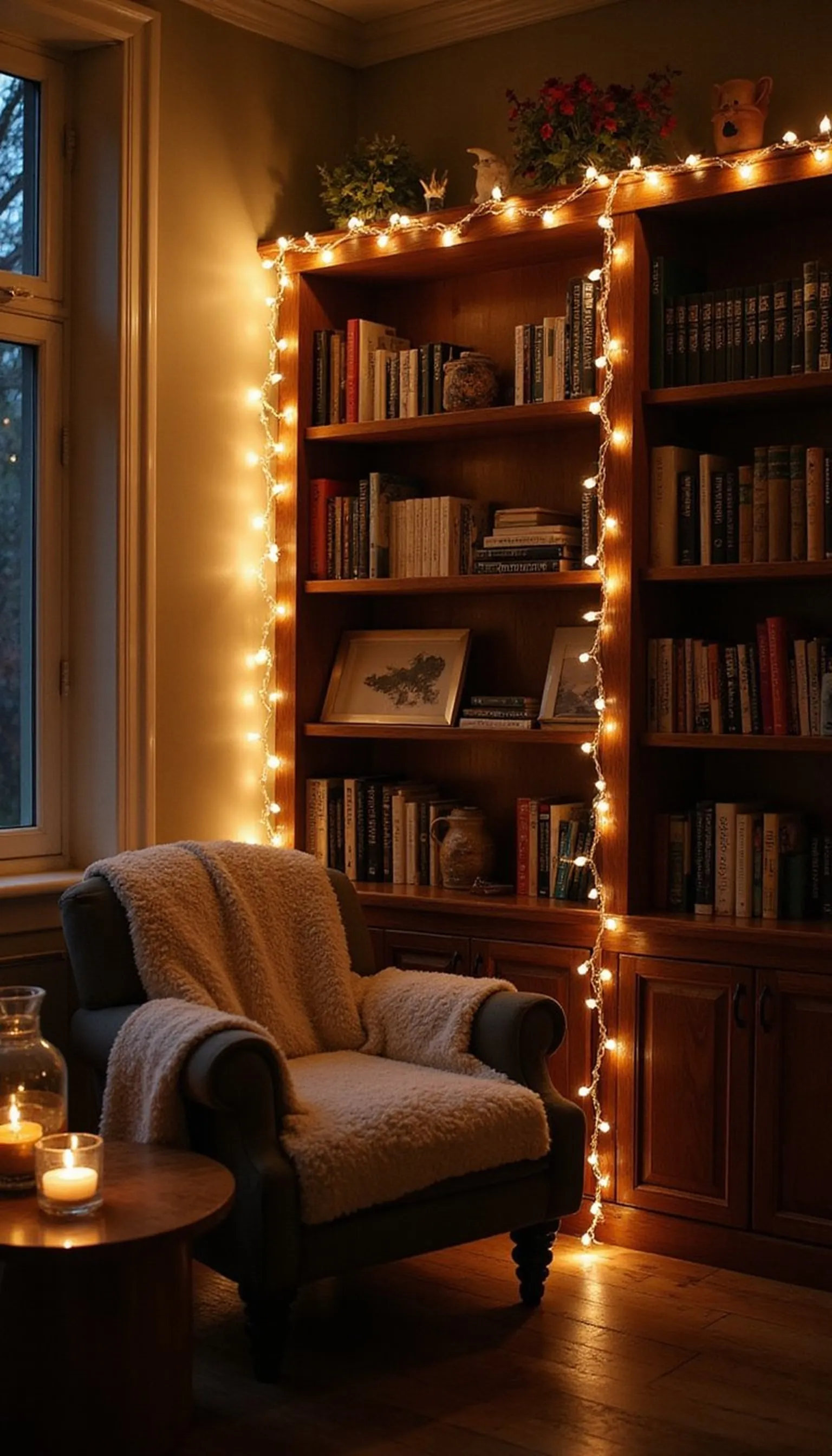 Hanging string lights for evening reading warmth