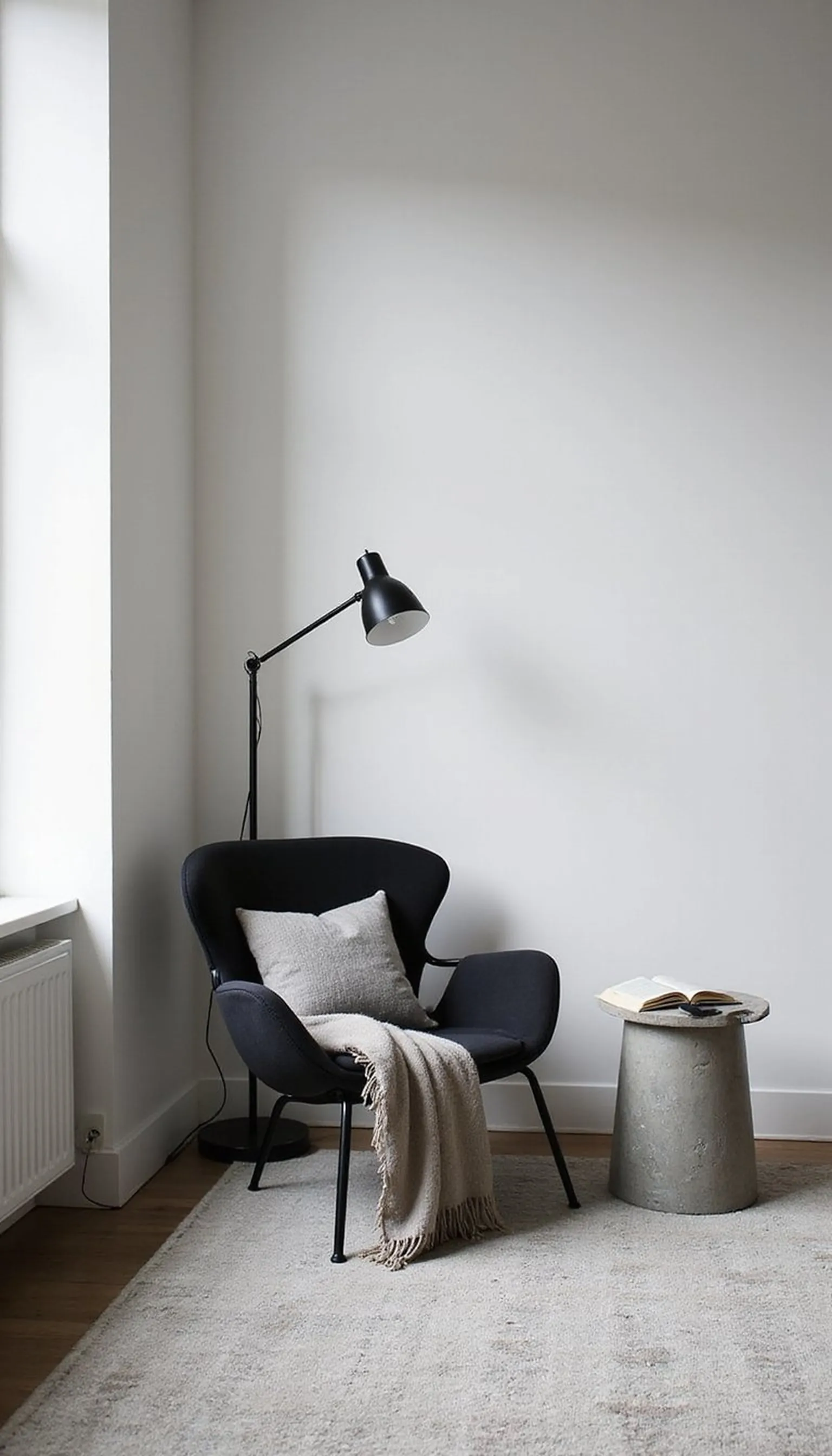 Minimalist monochrome nook for quiet focus