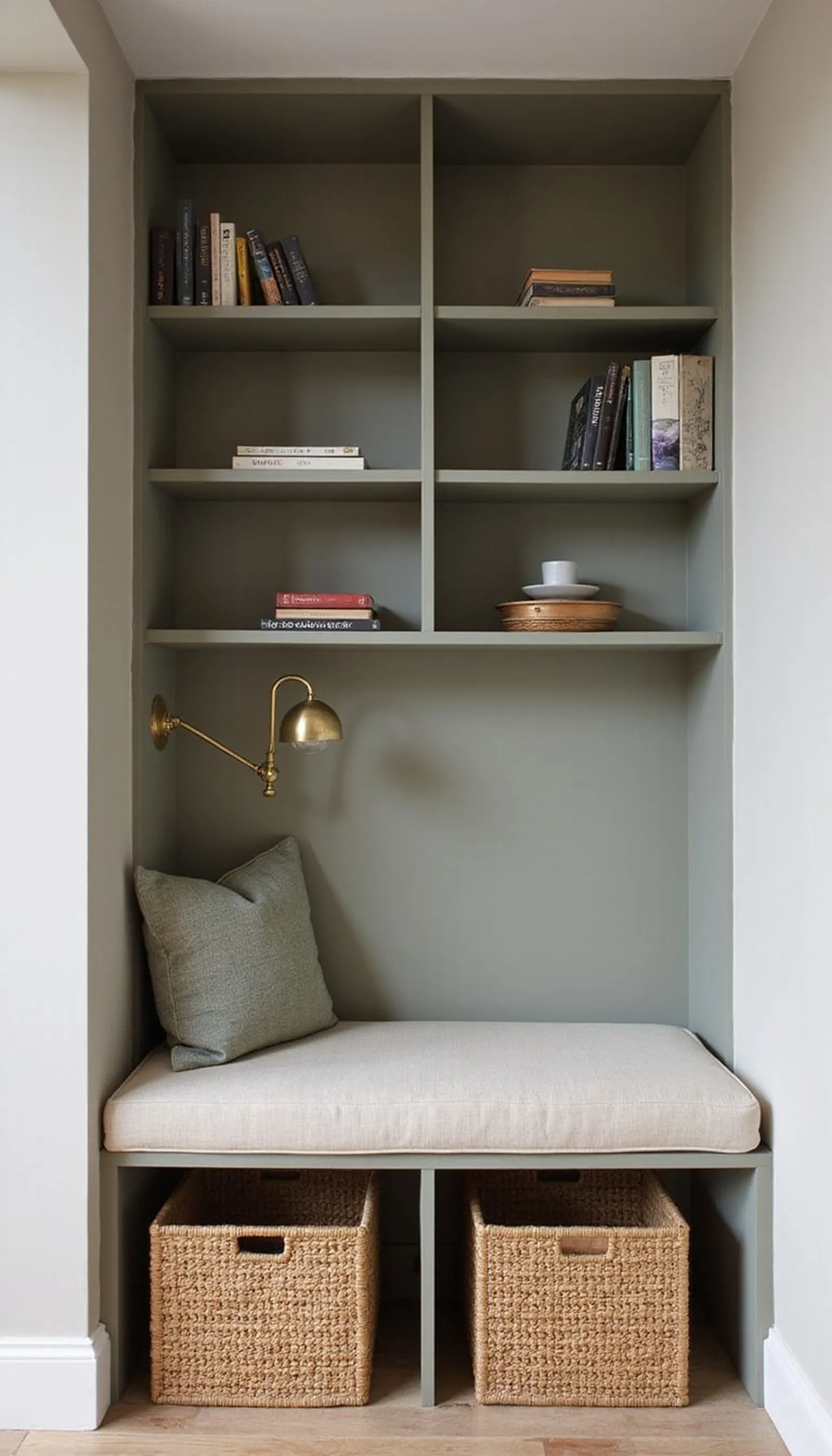 Small-scale shelved nook for the organized reader