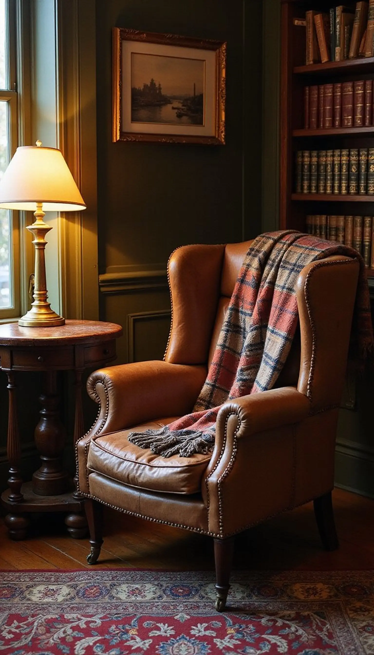 Vintage armchair with plaid throw and lamp glow