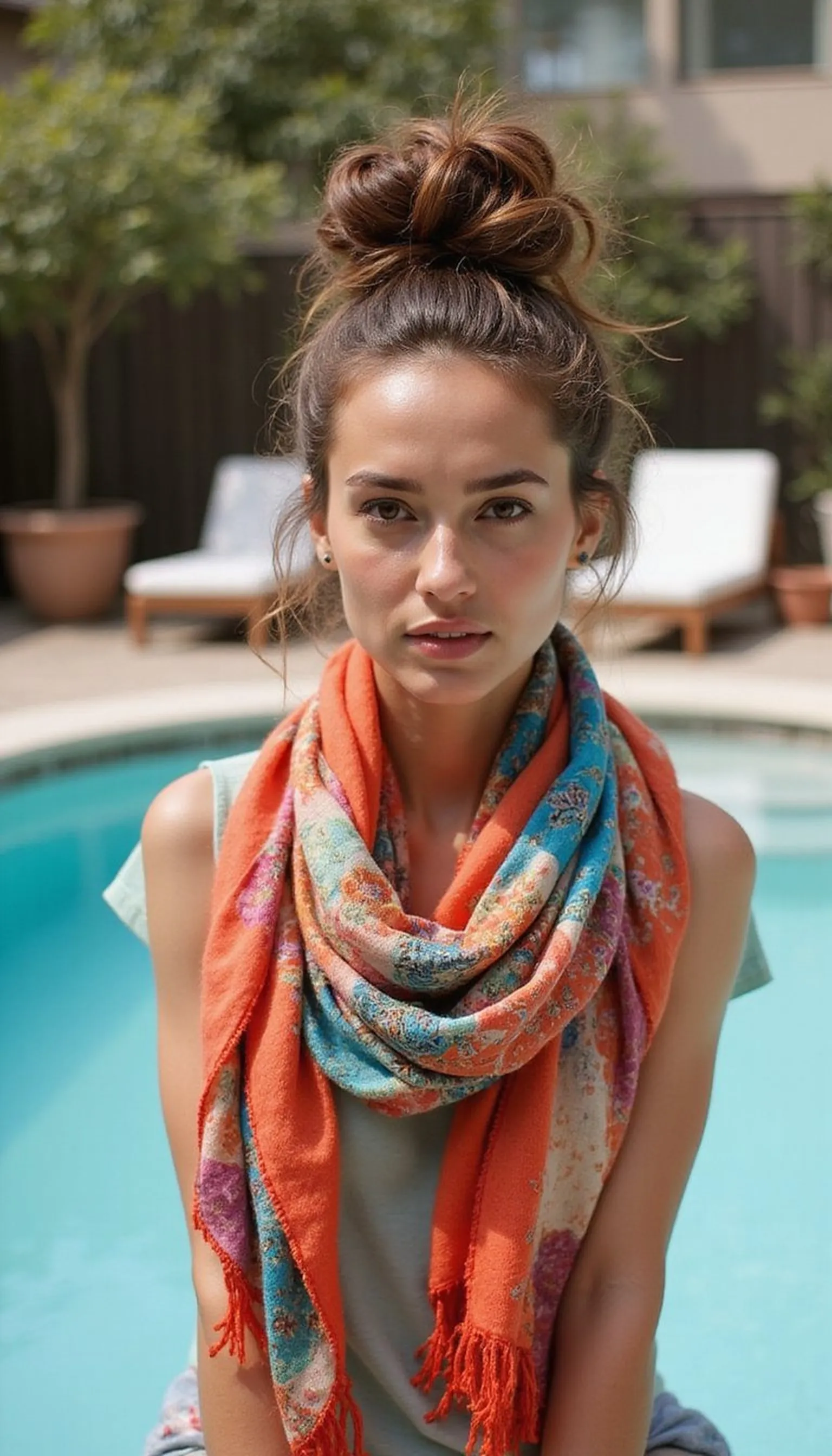 High Top Knot Wrapped With Colorful Scarf For Poolside