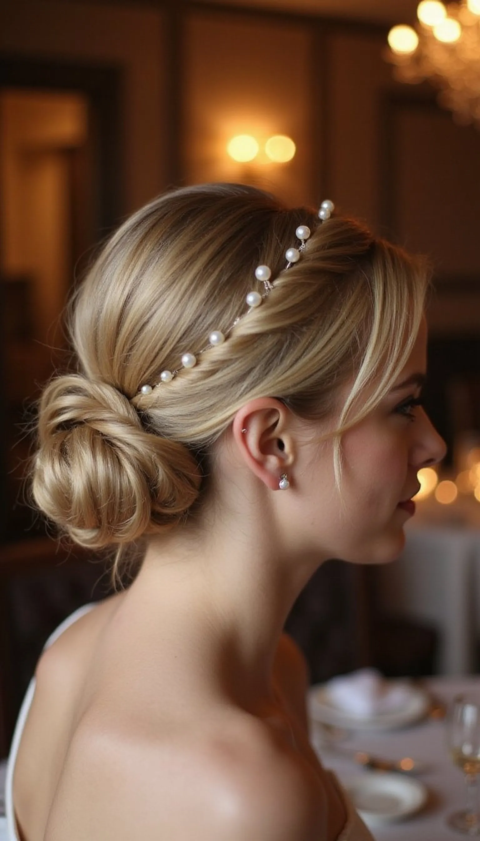 Low Chignon Pinned With Pearl Pins For Formal Nights
