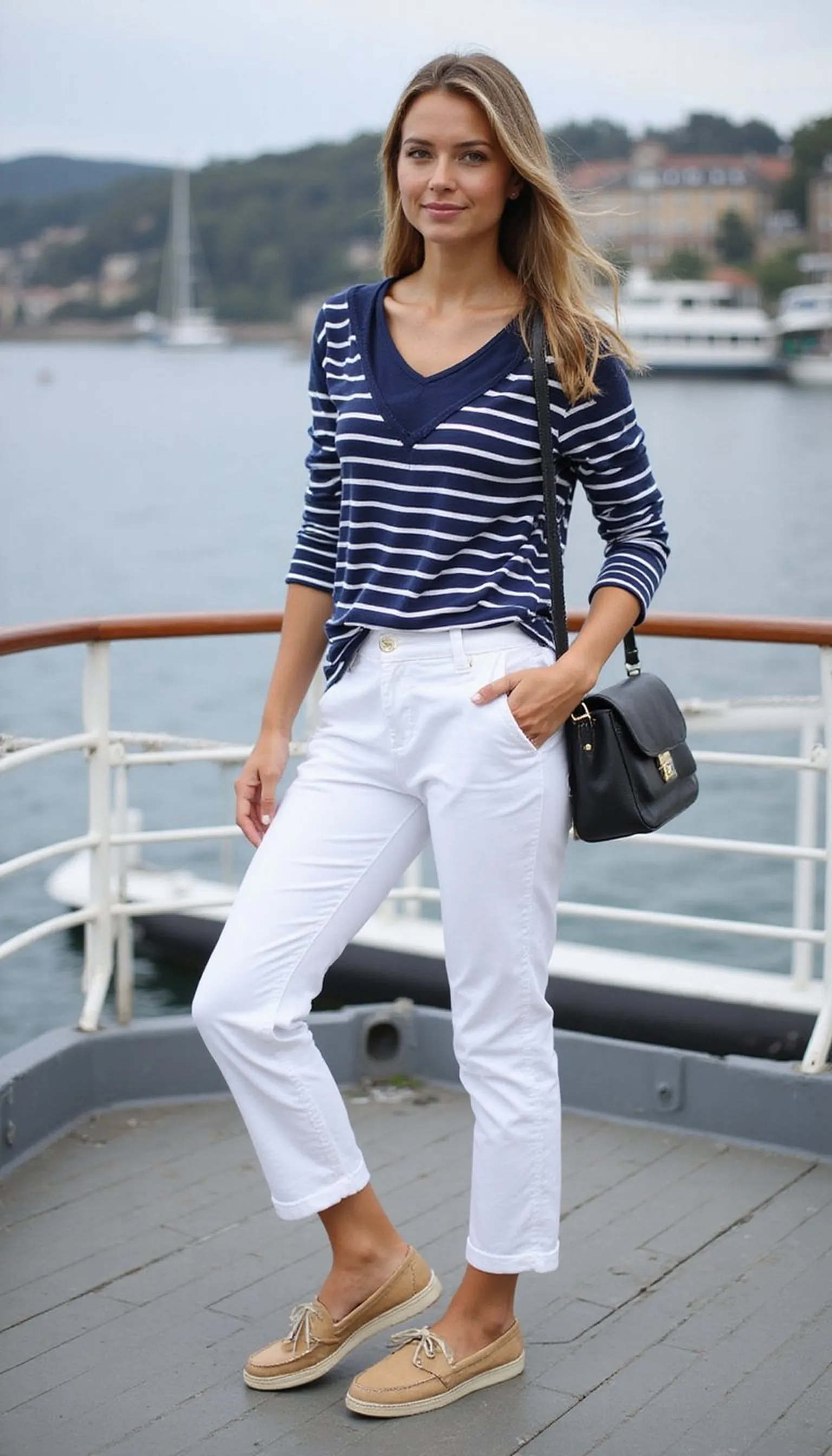 Nautical Stripes: Boat Neck Top and White Chinos
