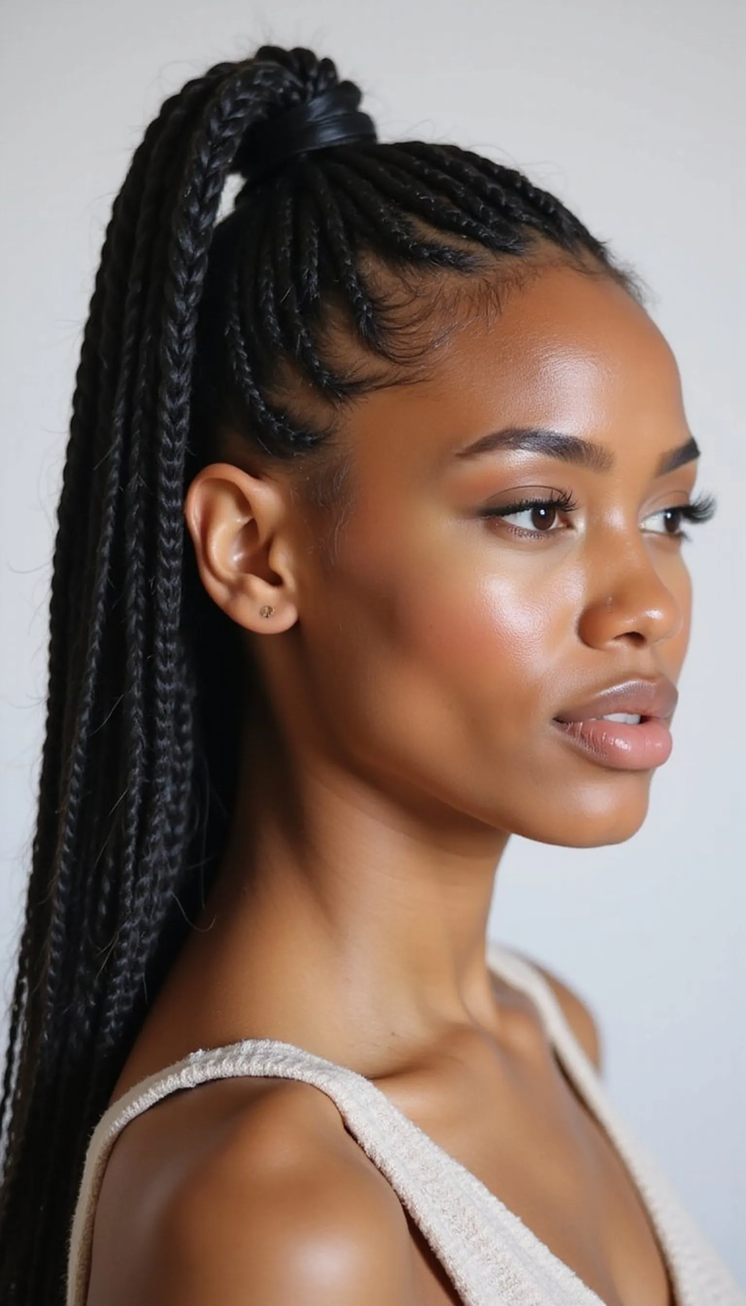 Mini Box Braids Pulled Into A Sleek Pony