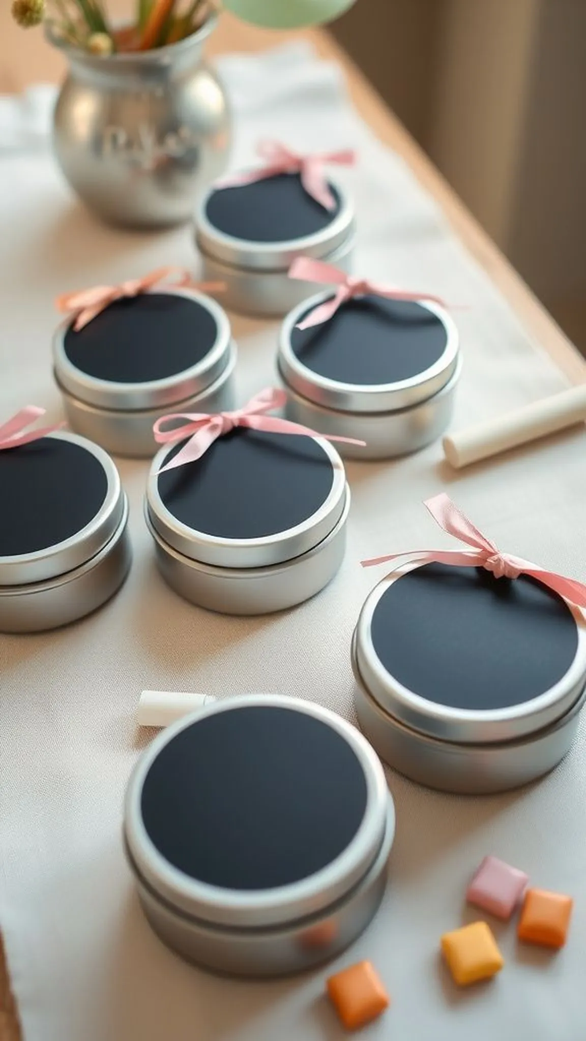 Chalkboard party favor tins with handwritten tags