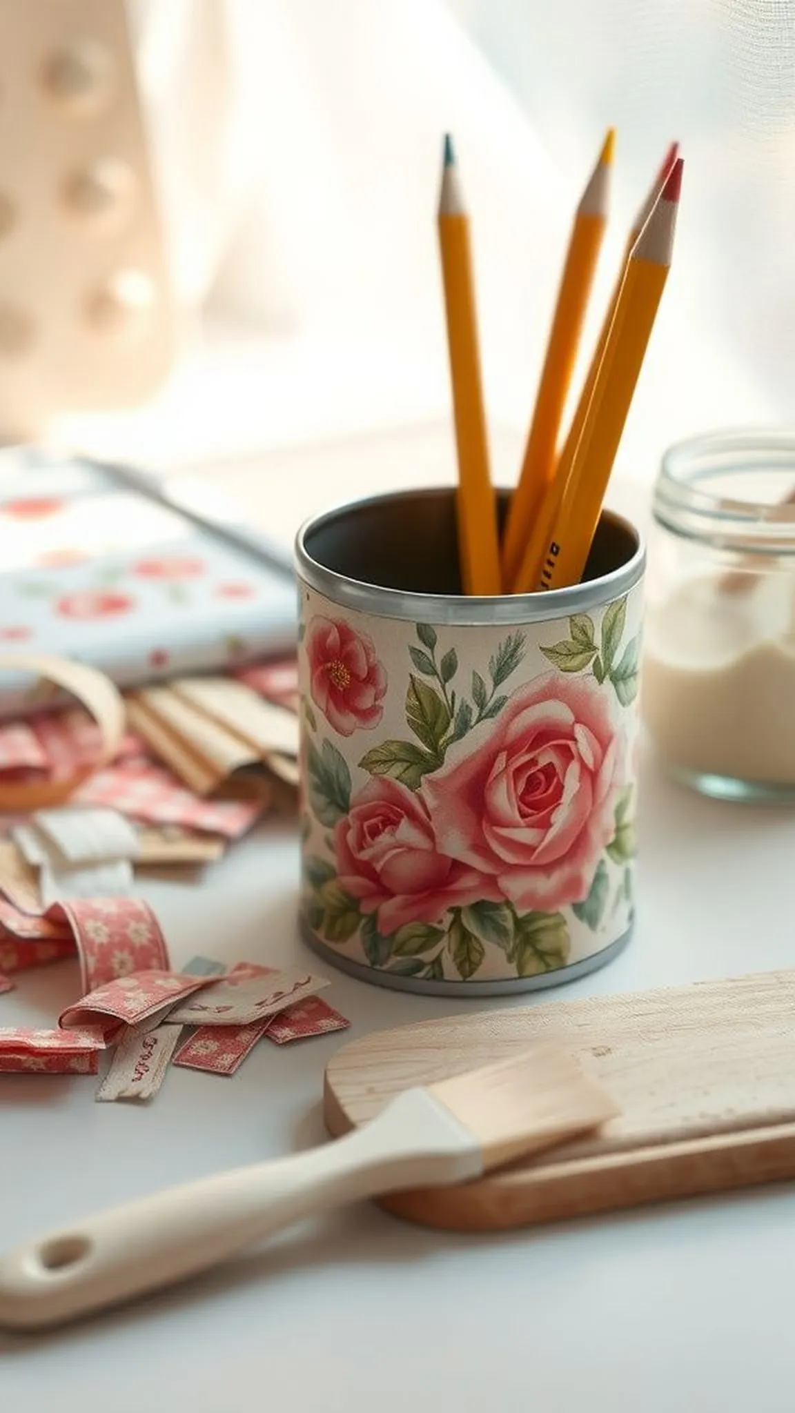 Decoupage floral pencil holder with fabric scraps