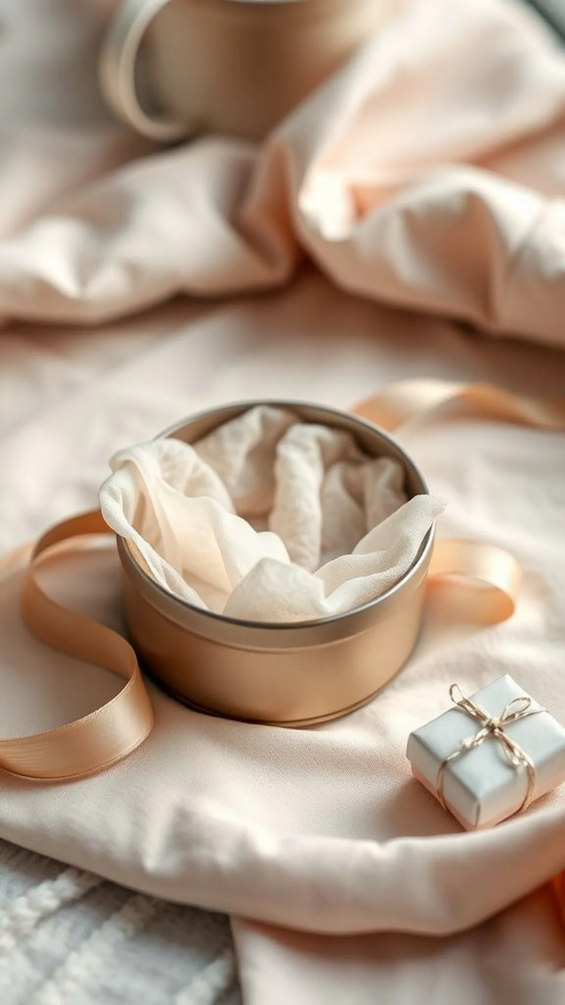 Fabric-lined gift tin with ribbon and interior cushion