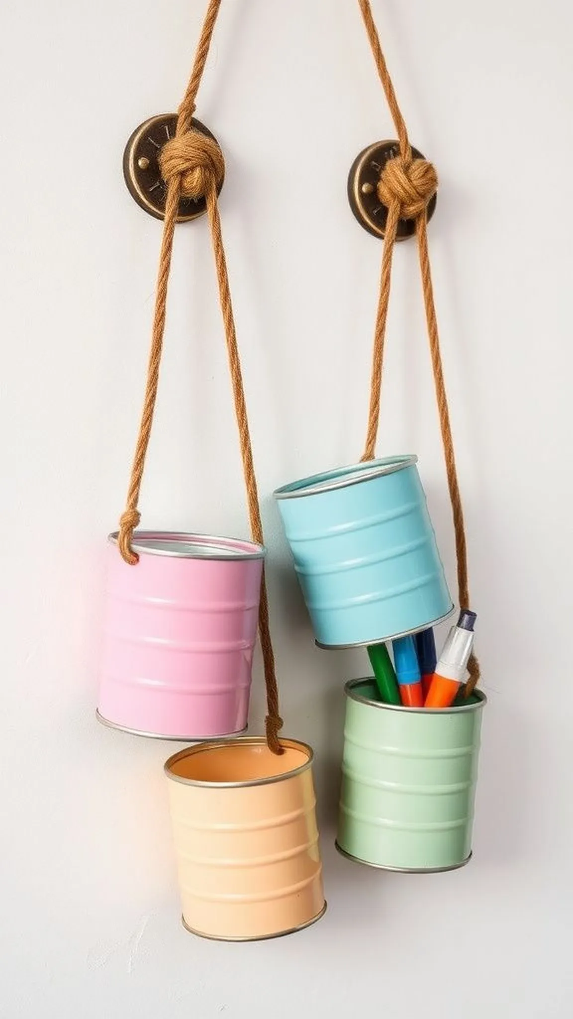 Hanging wall organizer cluster with painted tins