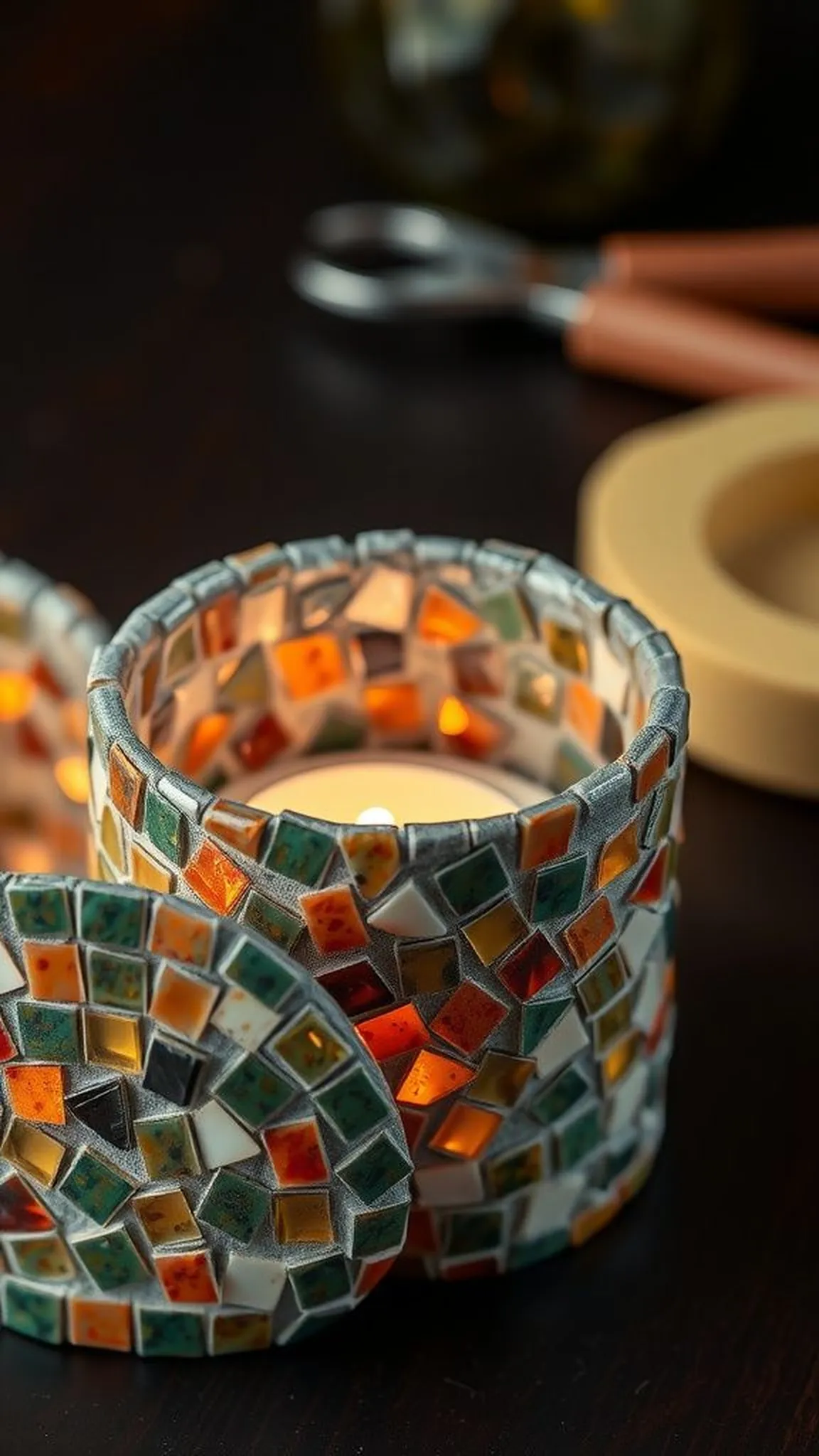 Mosaic tiled candle holder with grout detail