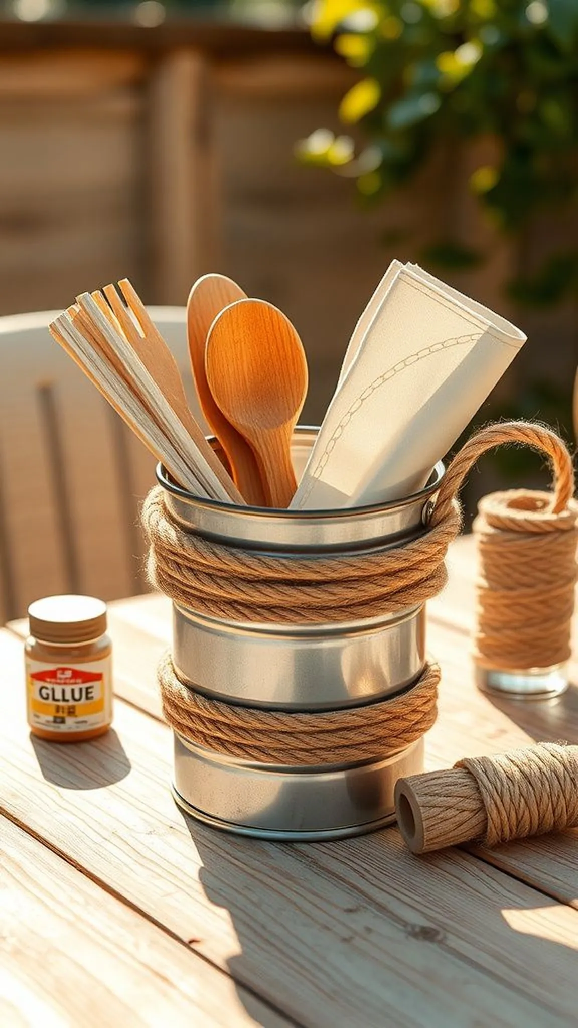 Rope-wrapped nautical utensil caddy for patios