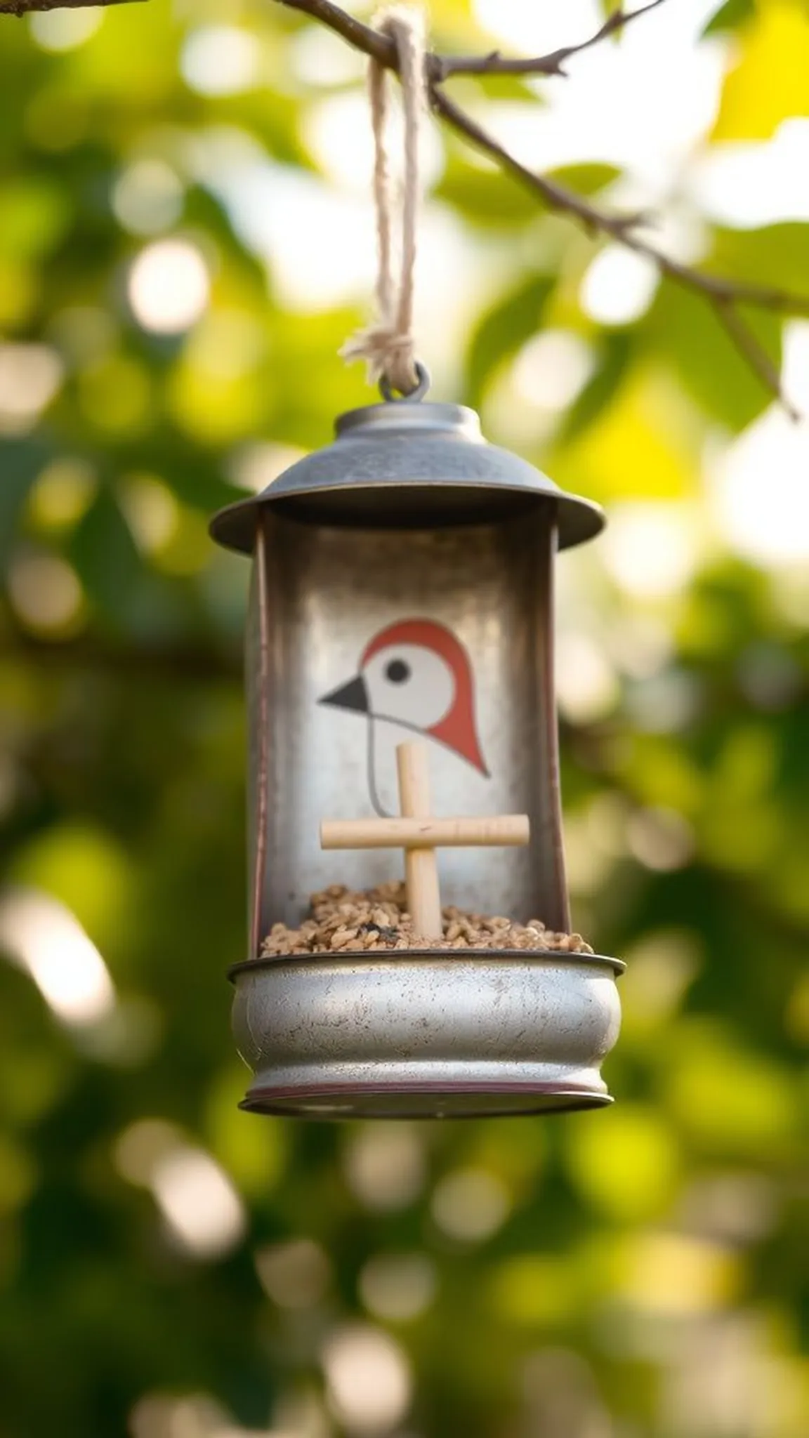 Rustic bird feeder with wooden perch and charm