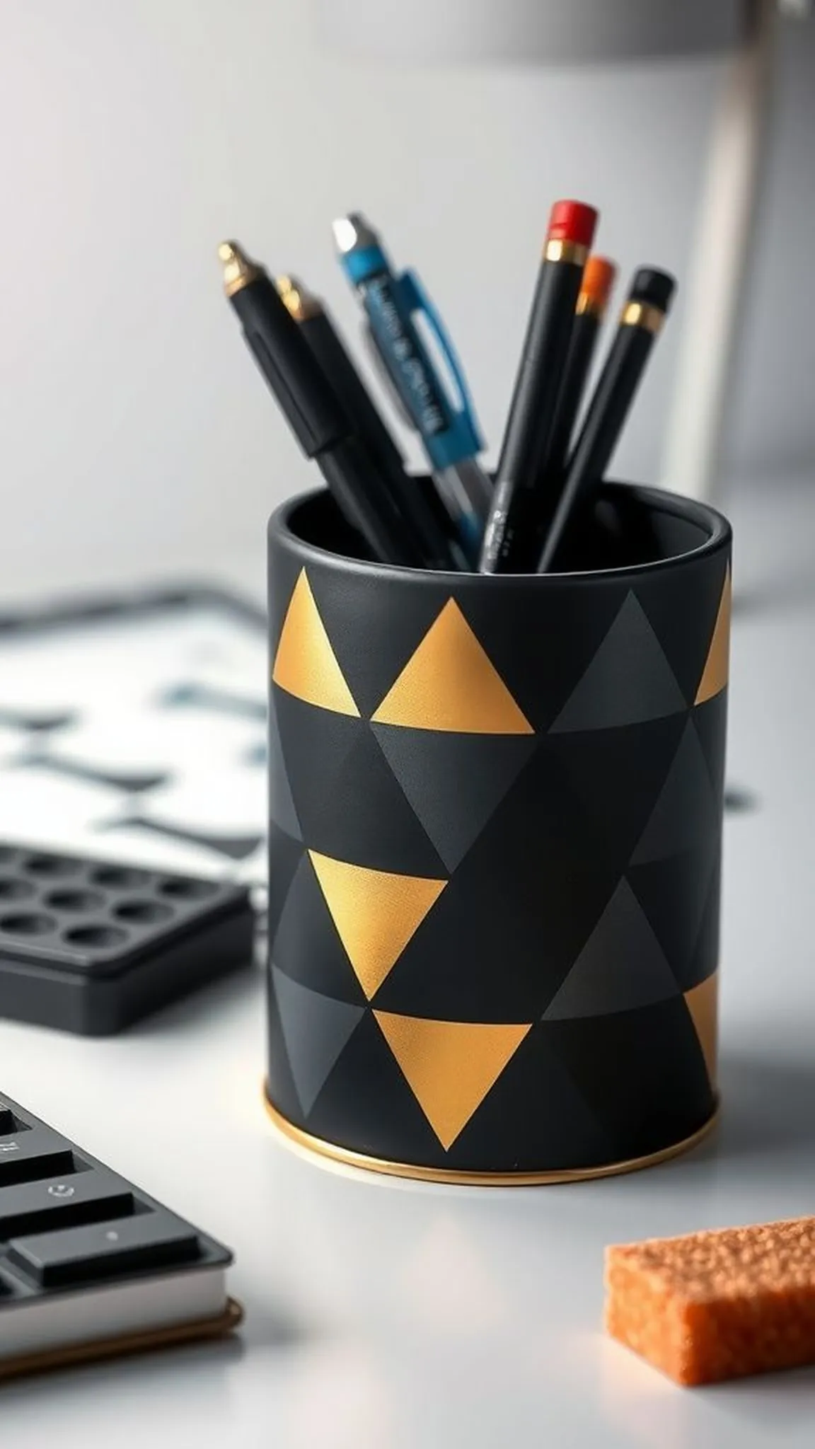 Stenciled geometric pen jar with metallic accents