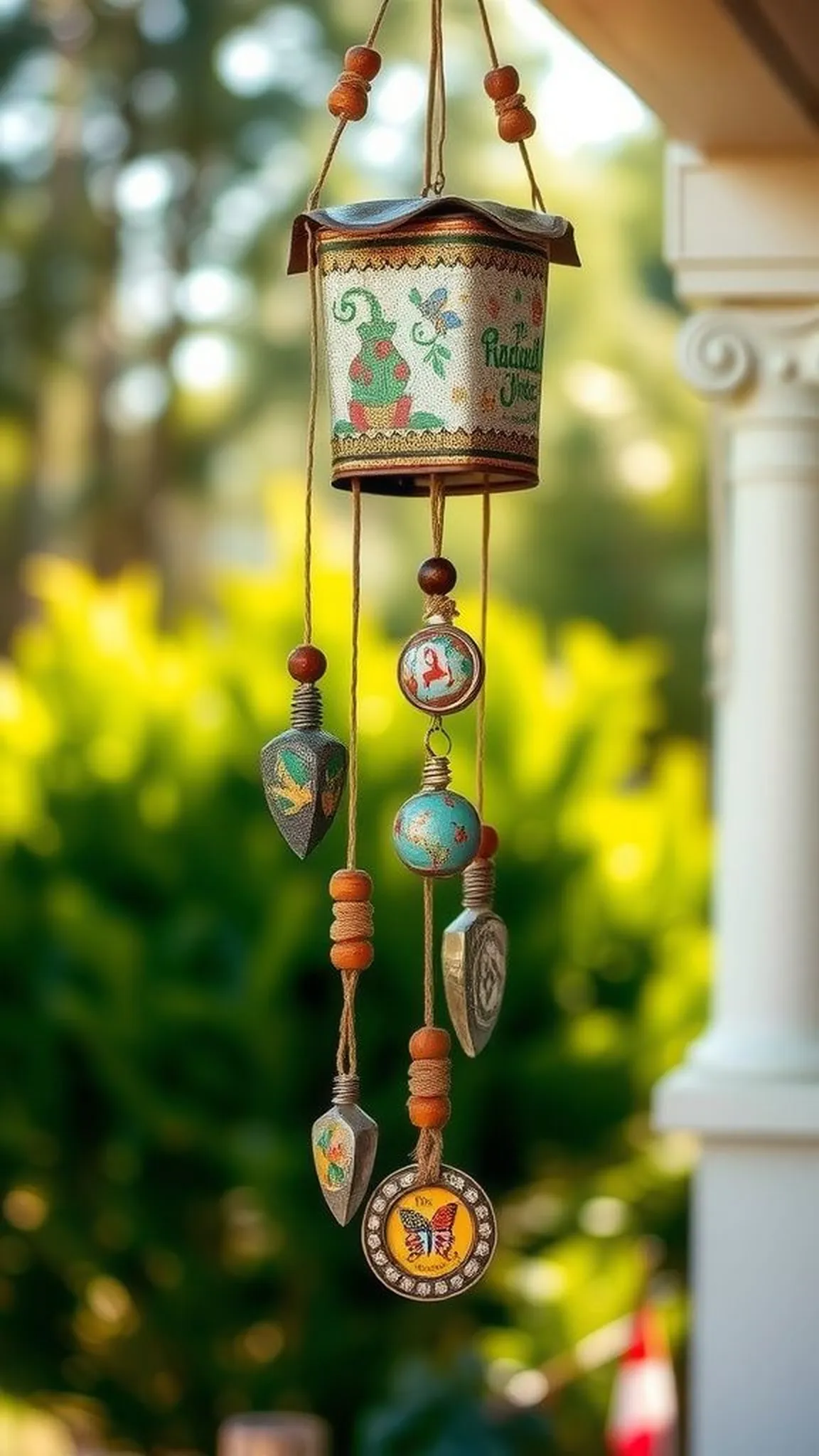 Tin can wind chime with jingling metal charms