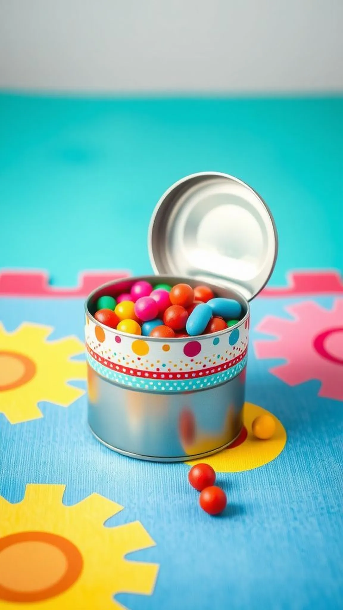Upcycled tin shaker instrument with colorful beads