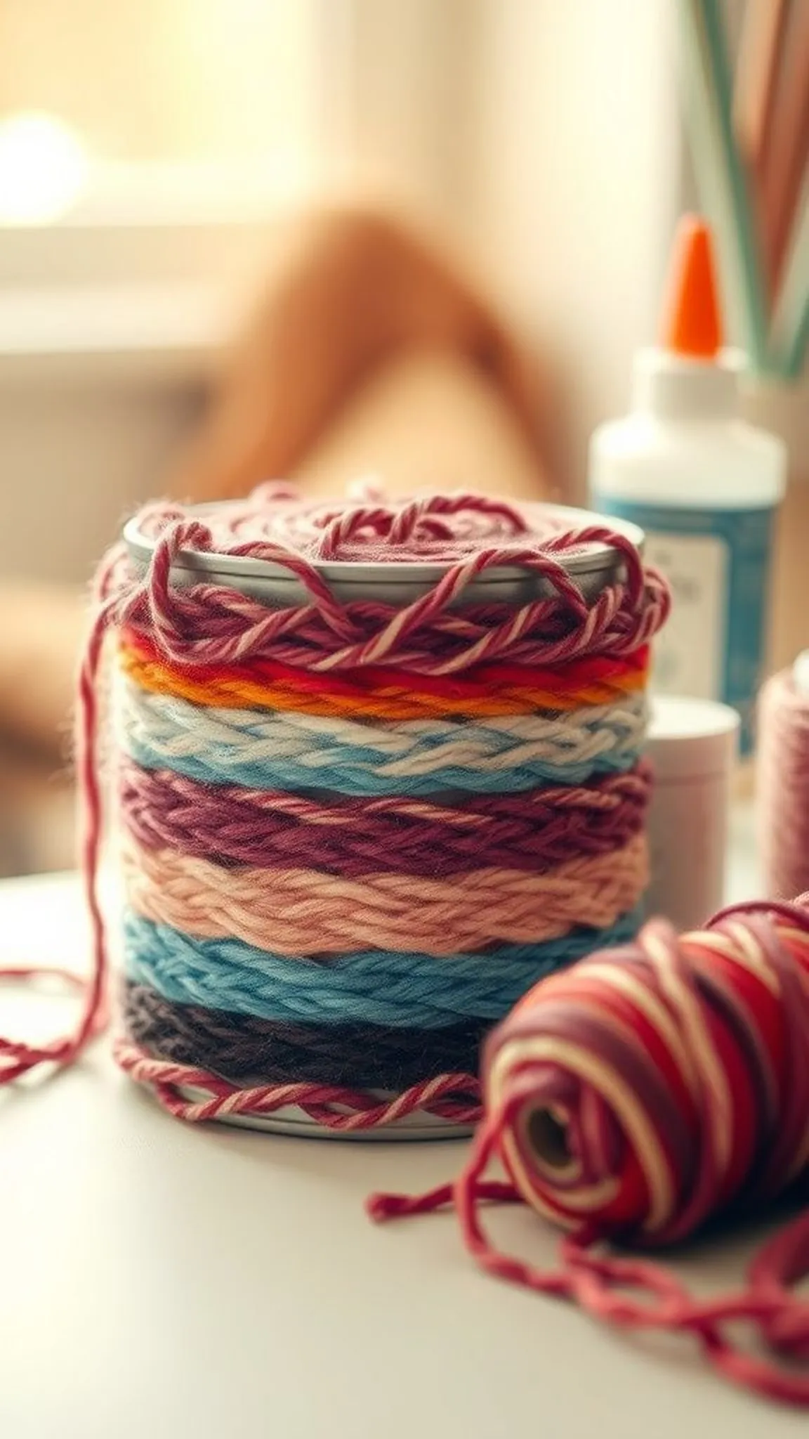 Yarn-wrapped tin cup with colorful textured bands