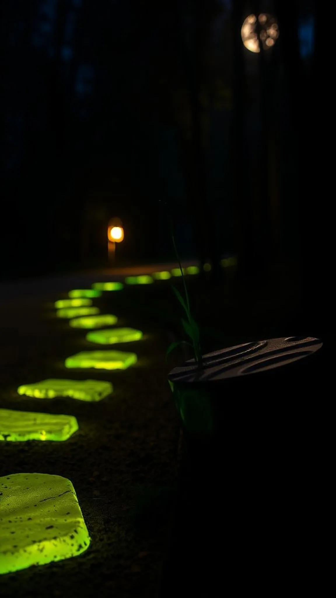 Glow-in-the-dark trail stones for nighttime wayfinding