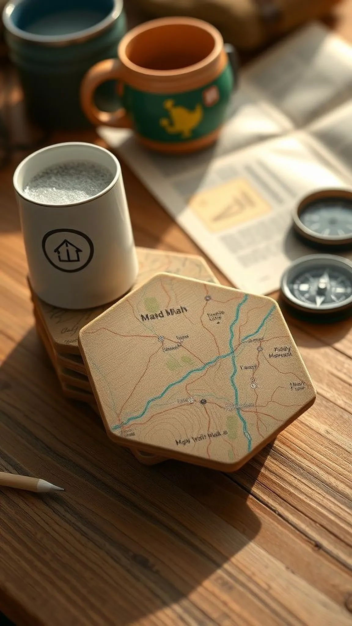 Map-covered wooden coasters with travel charm