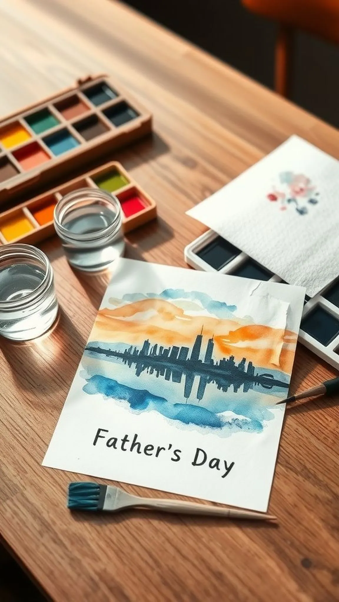 Watercolor skyline silhouette with soft washes