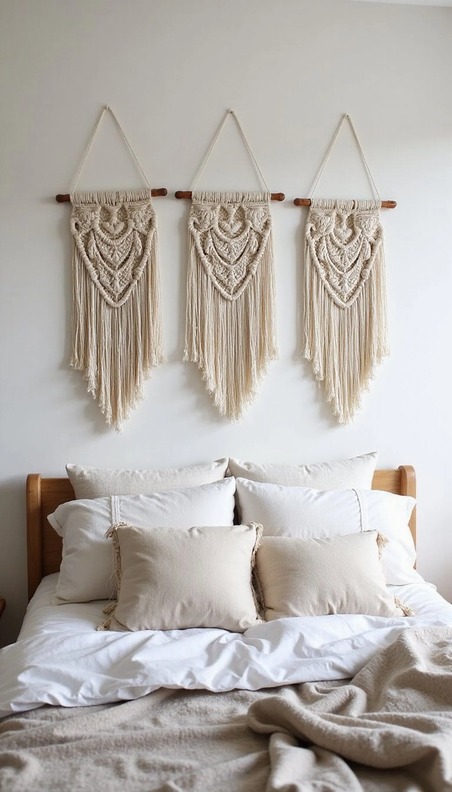 Boho trio wall hangings above the bed