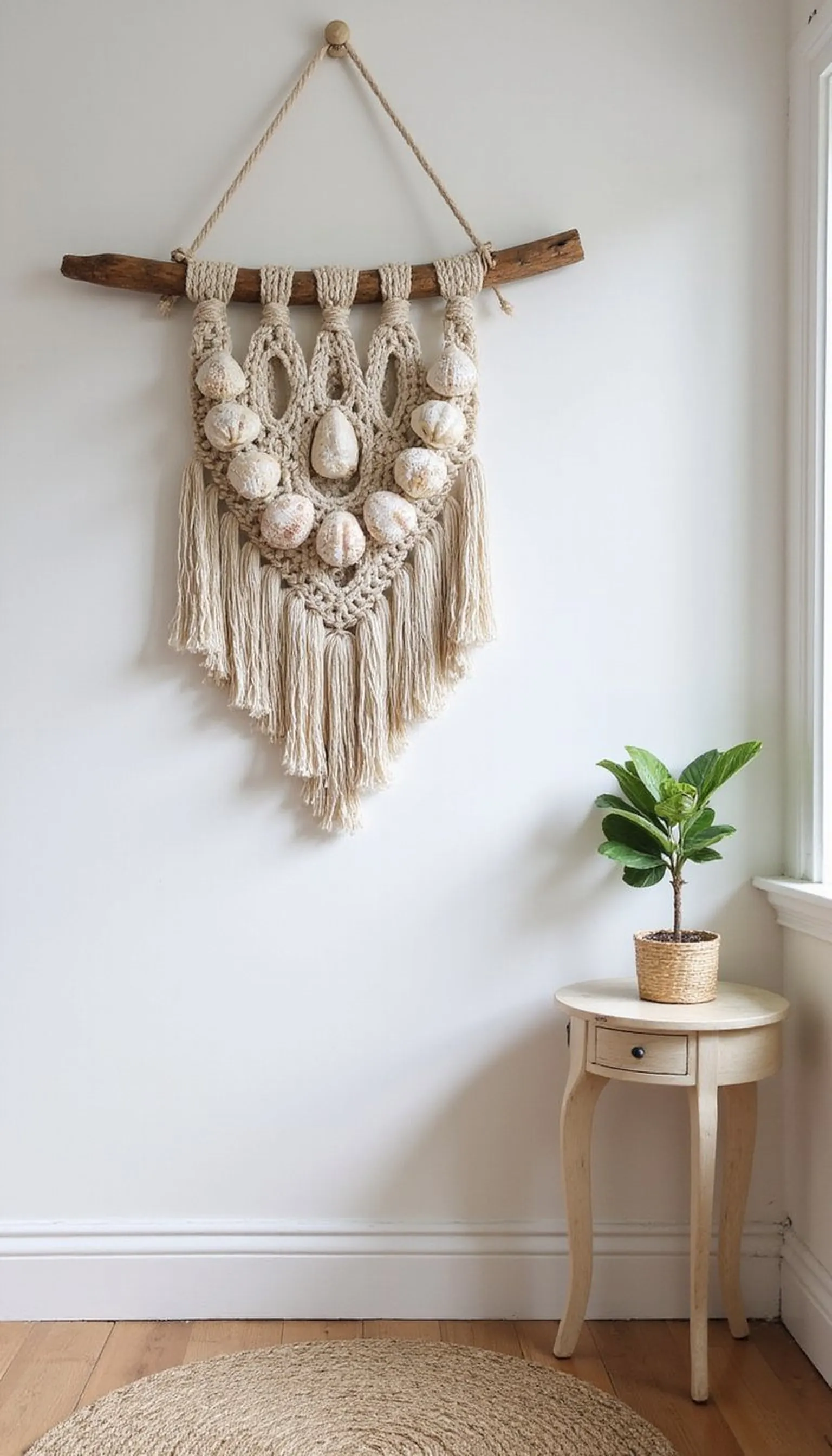 Coastal shell macrame for a breezy wall