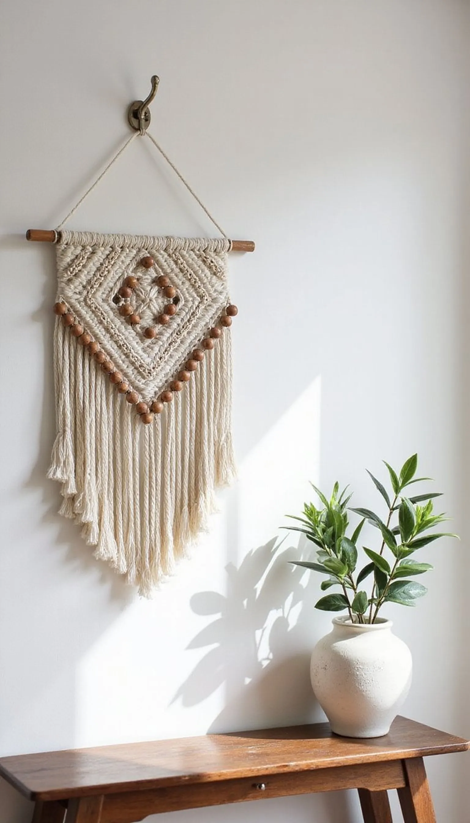 Geometric macrame with wooden beads and ring