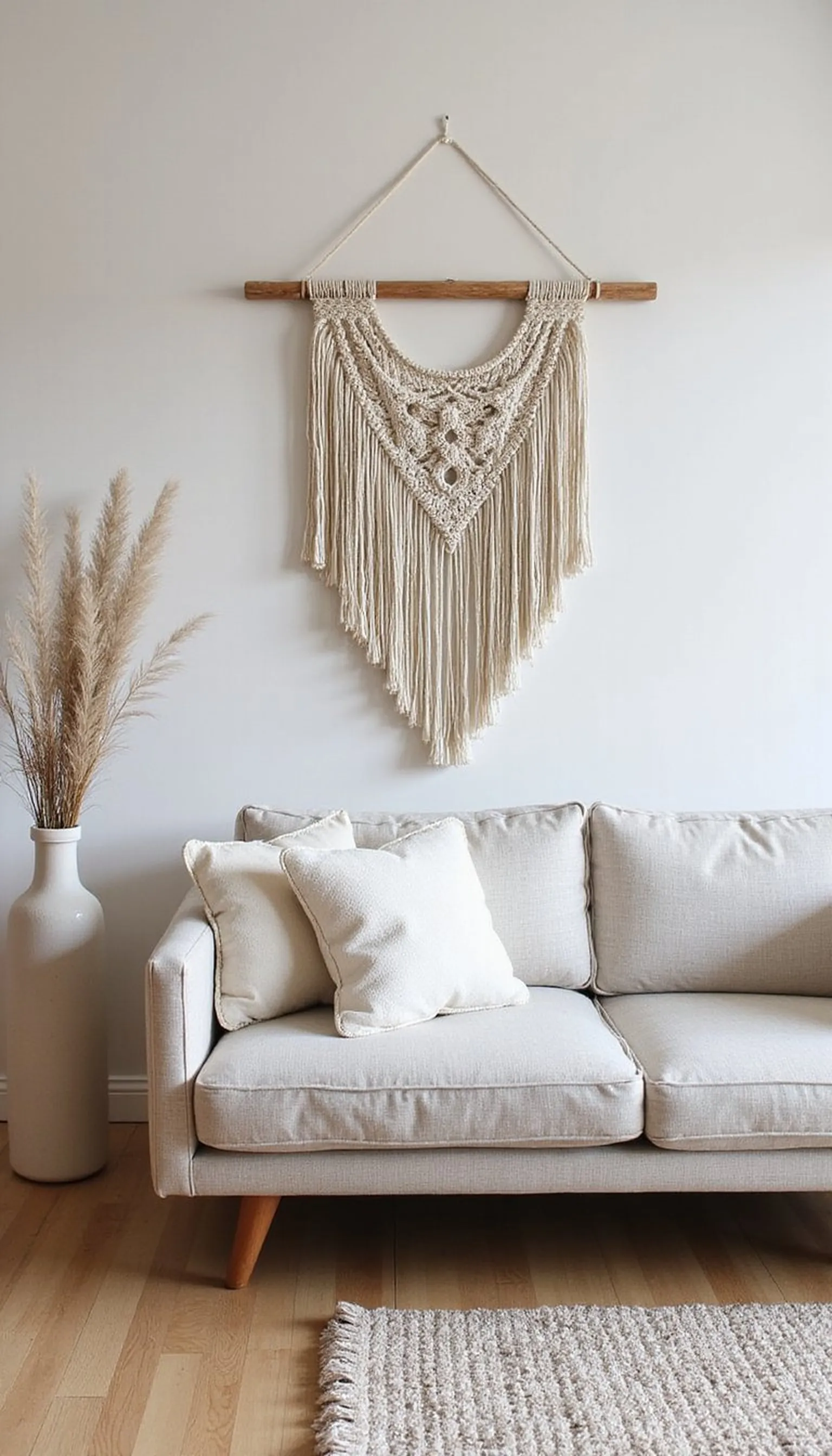 Oversized macrame focal piece above sofa
