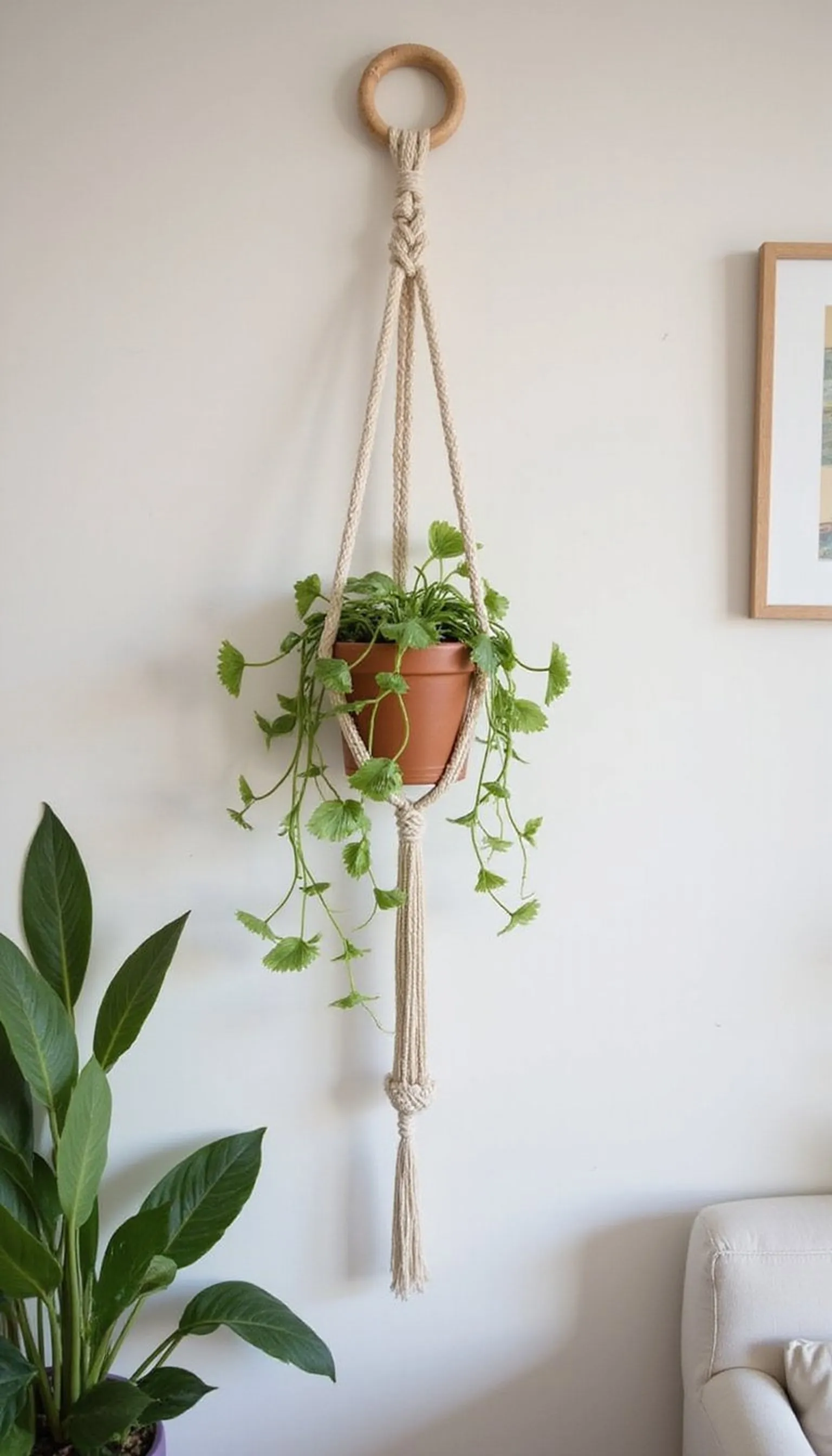 Plant-hanger hybrid macrame idea for shelves