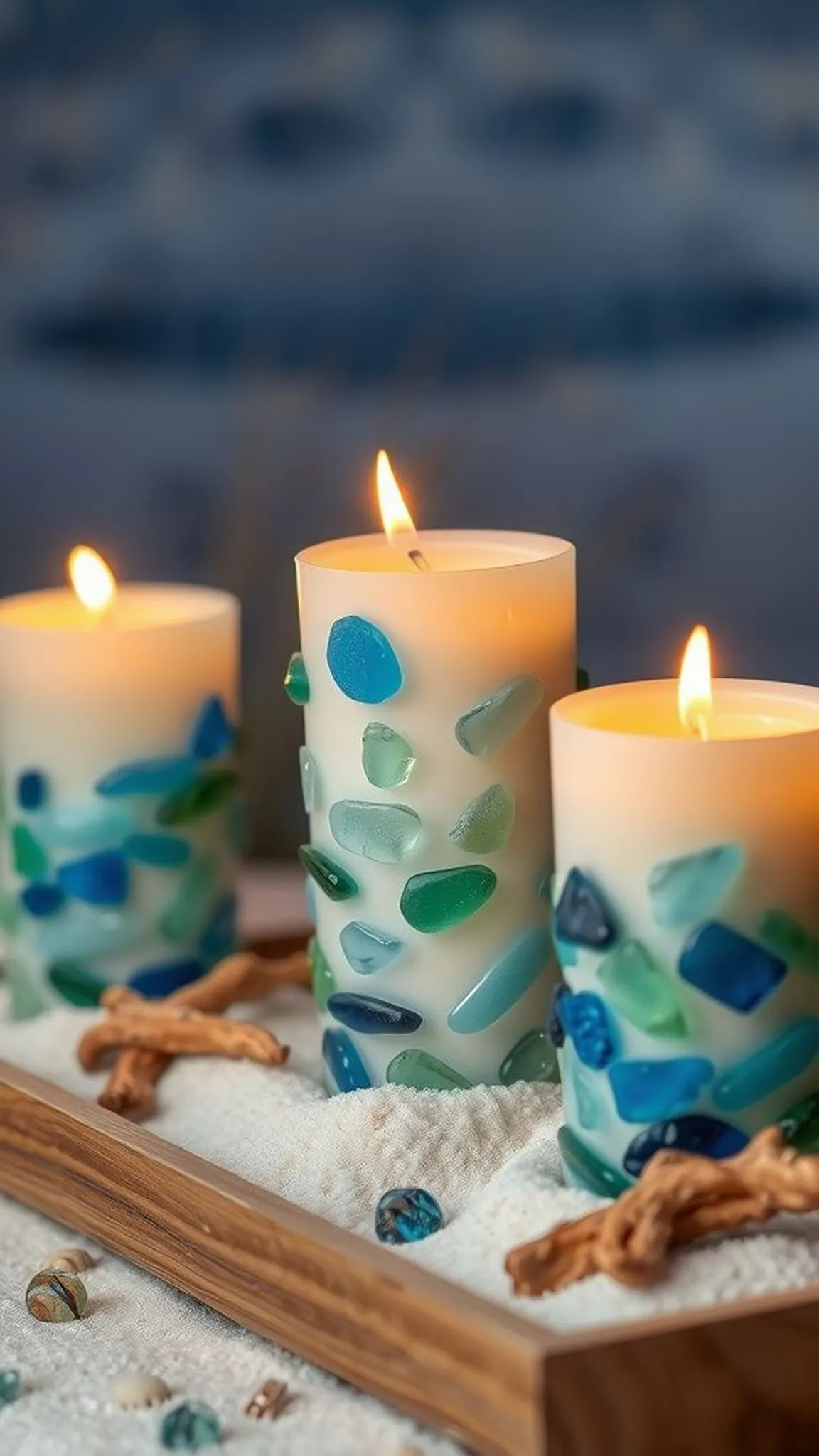 Beach glass embedded pillar candles