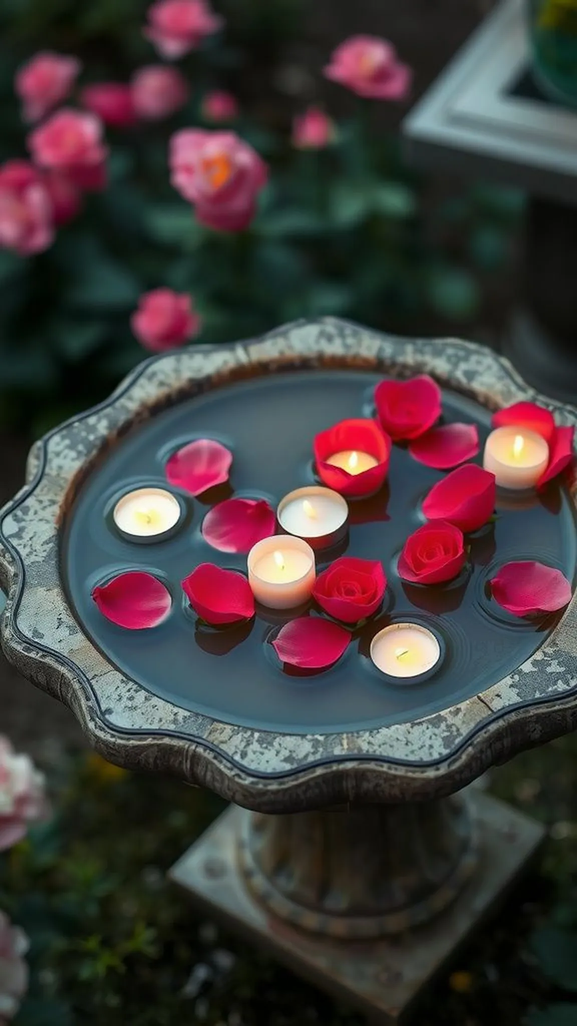 Floating petal candles in birdbath displays