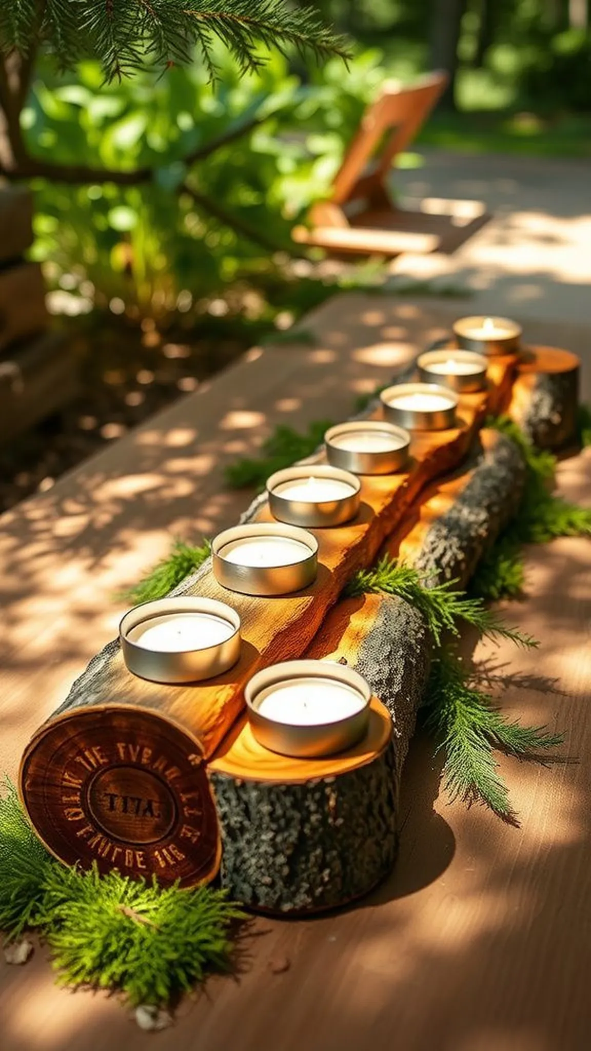 Hollowed log candle display for woodland tables