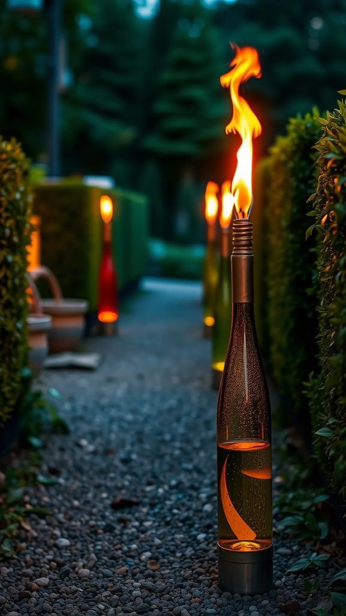 Recycled wine bottle torches for backyard paths